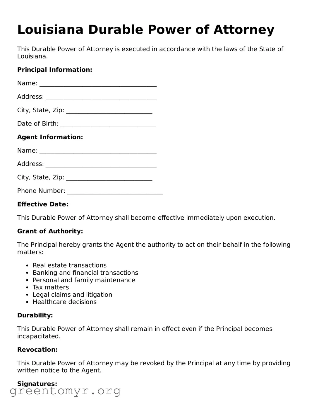 Durable Power of Attorney Form for the State of Louisiana