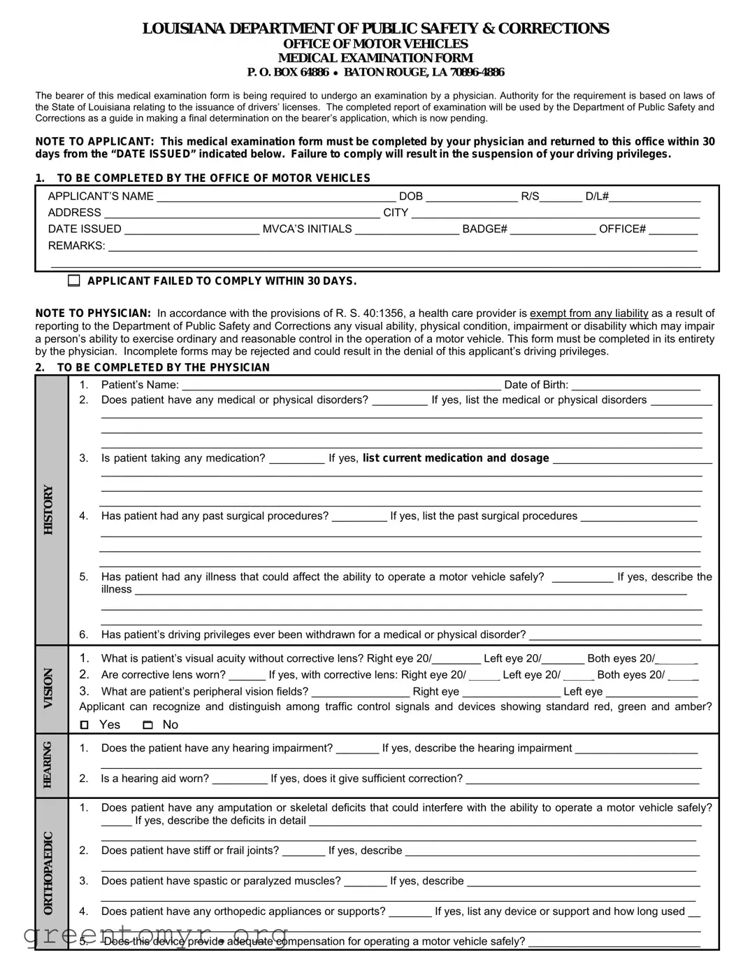 Fill in a Valid Medical Examination Louisiana Template