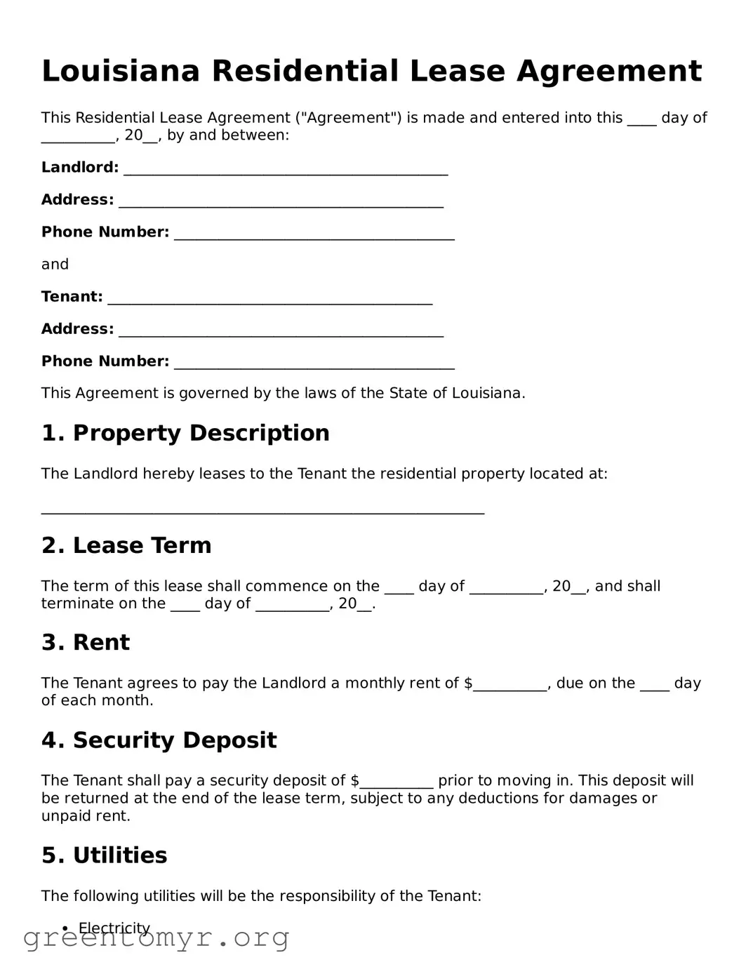 Residential Lease Agreement Form for the State of Louisiana