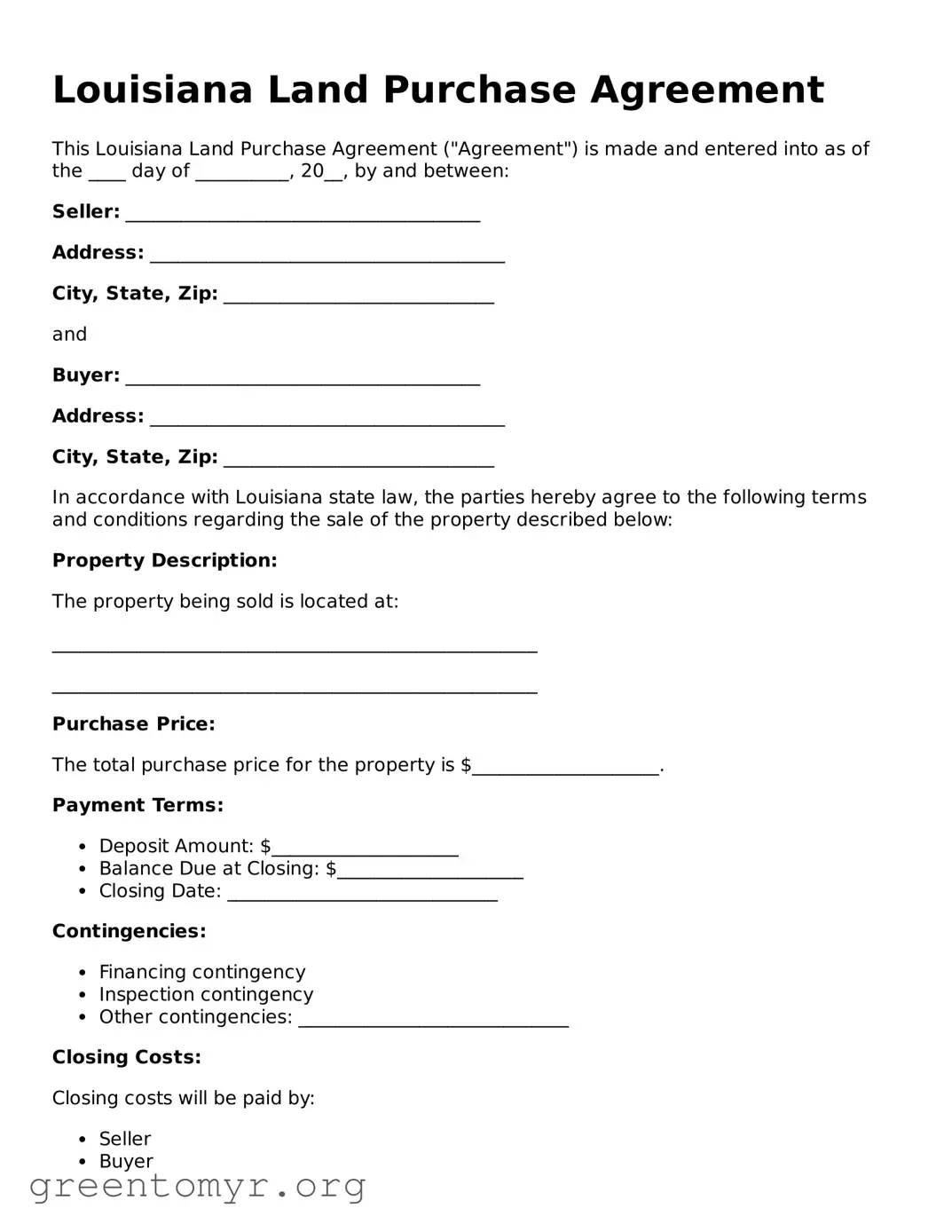 Land Purchase Agreement Form for the State of Louisiana