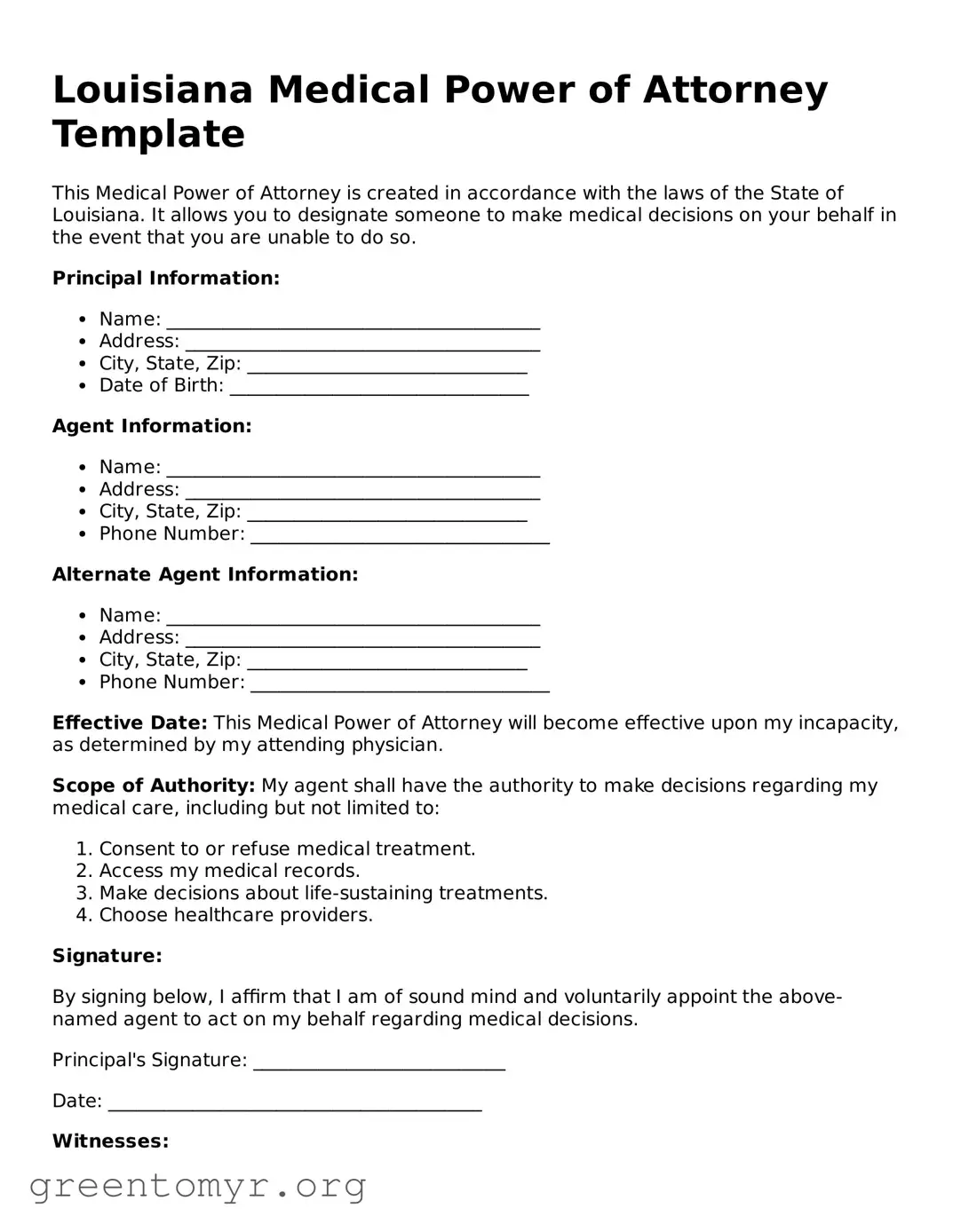 Medical Power of Attorney Form for the State of Louisiana