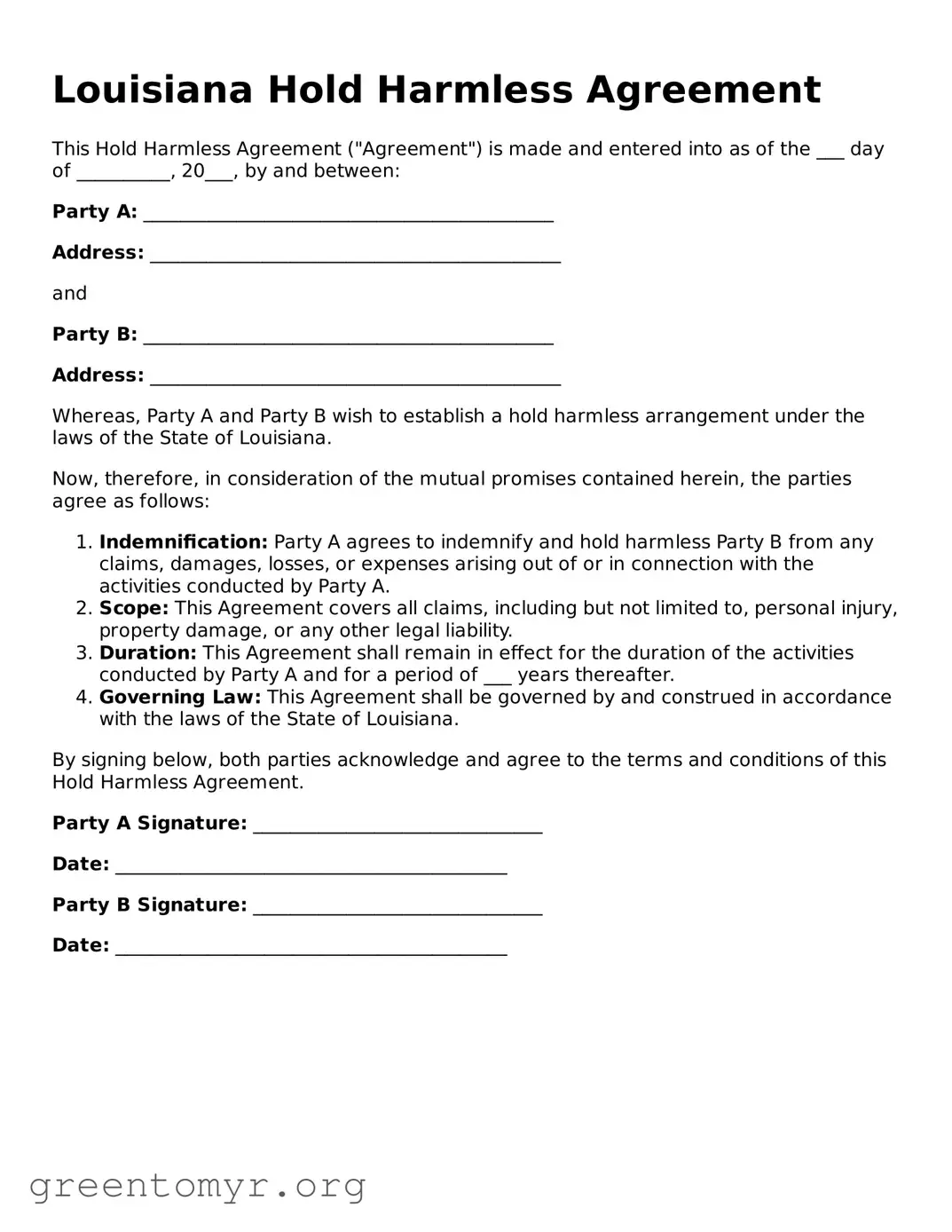 Hold Harmless Agreement Form for the State of Louisiana
