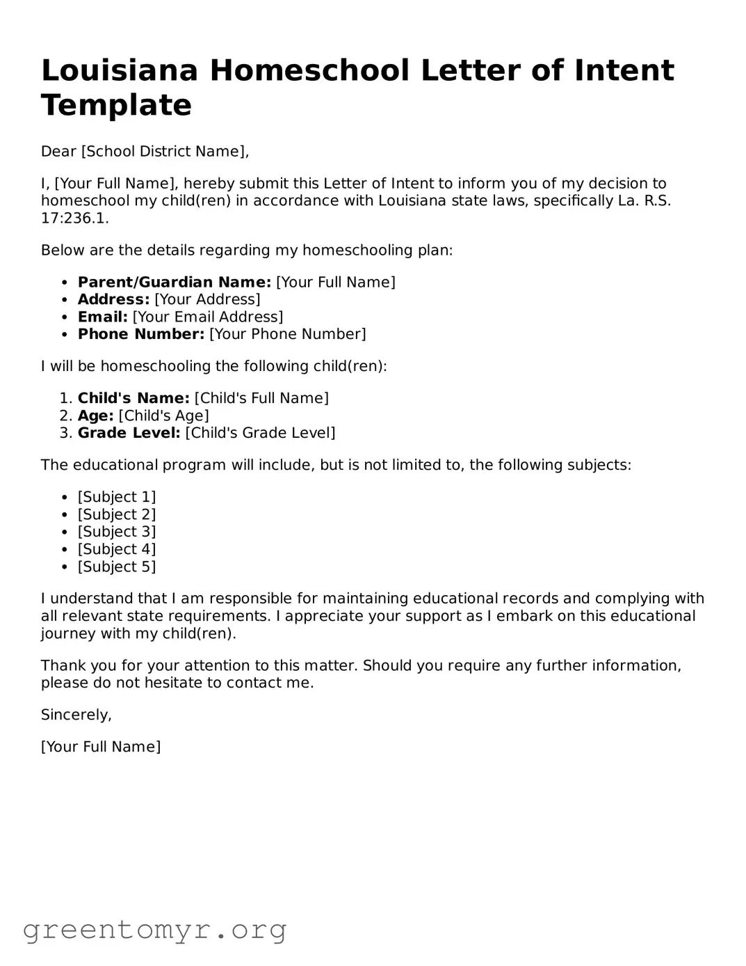 Homeschool Letter of Intent Form for the State of Louisiana