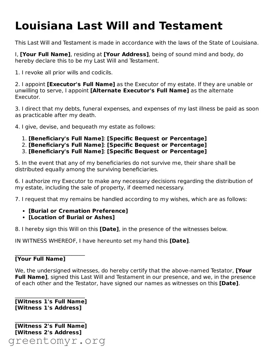 Last Will and Testament Form for the State of Louisiana