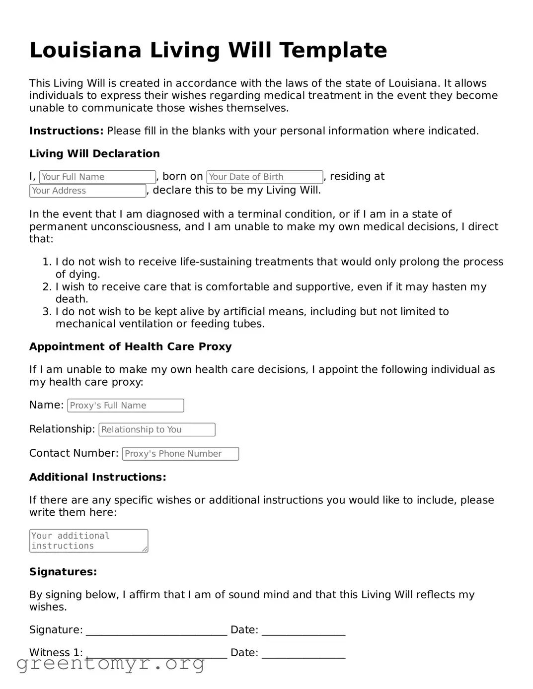 Living Will Form for the State of Louisiana