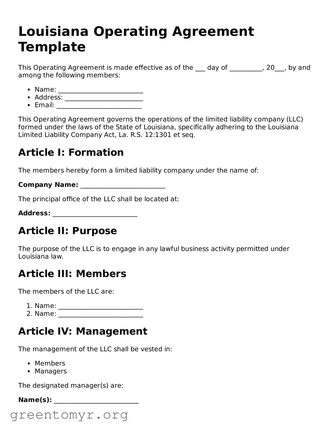 Operating Agreement Form for the State of Louisiana