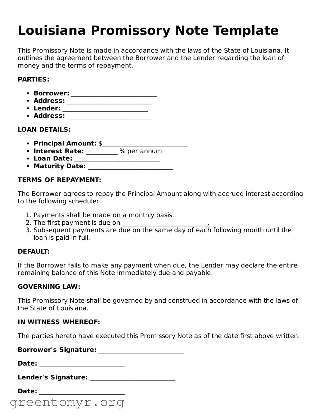 Promissory Note Form for the State of Louisiana