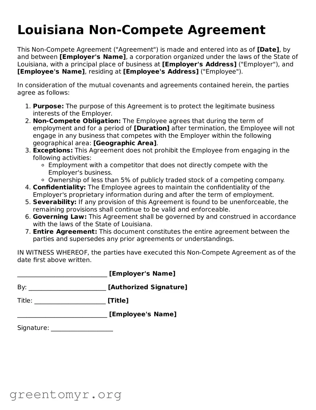 Non-compete Agreement Form for the State of Louisiana
