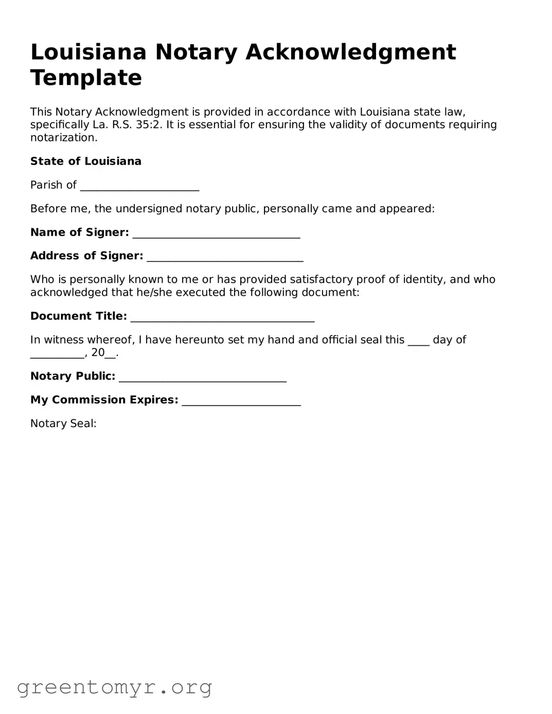 Notary Acknowledgement Form for the State of Louisiana