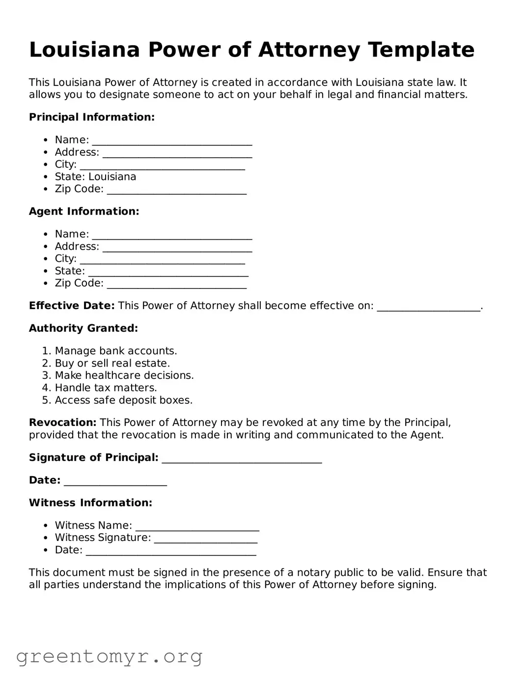 Power of Attorney Form for the State of Louisiana
