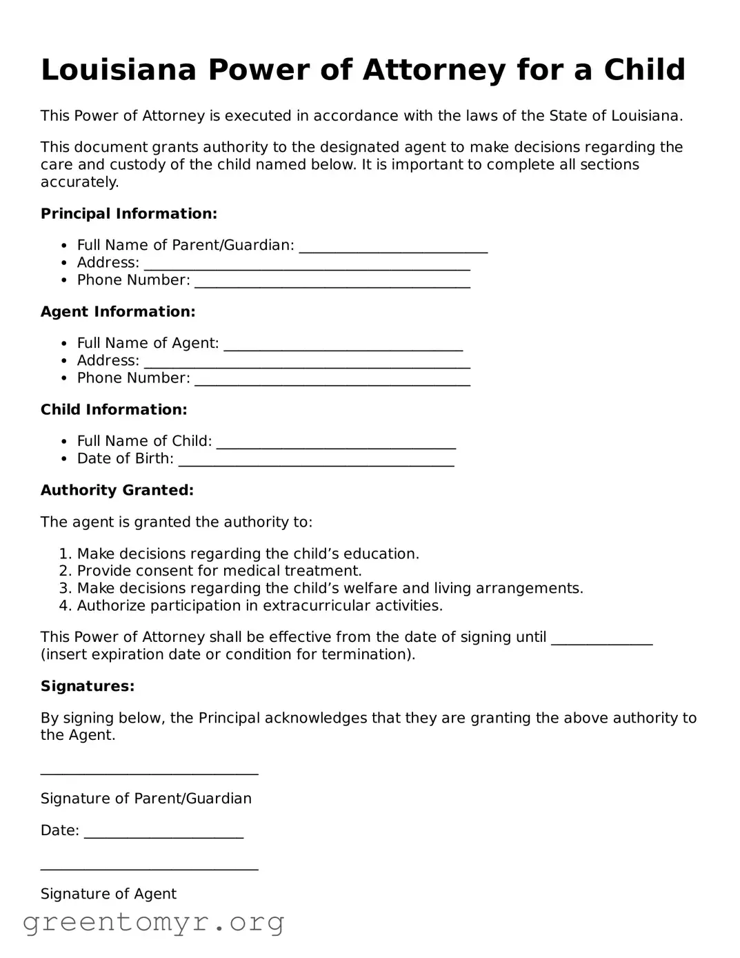Power of Attorney for a Child Form for the State of Louisiana