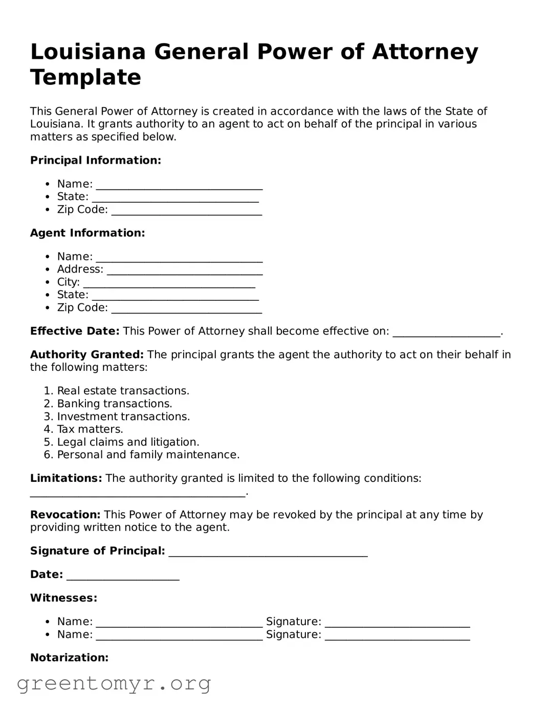 General Power of Attorney Form for the State of Louisiana