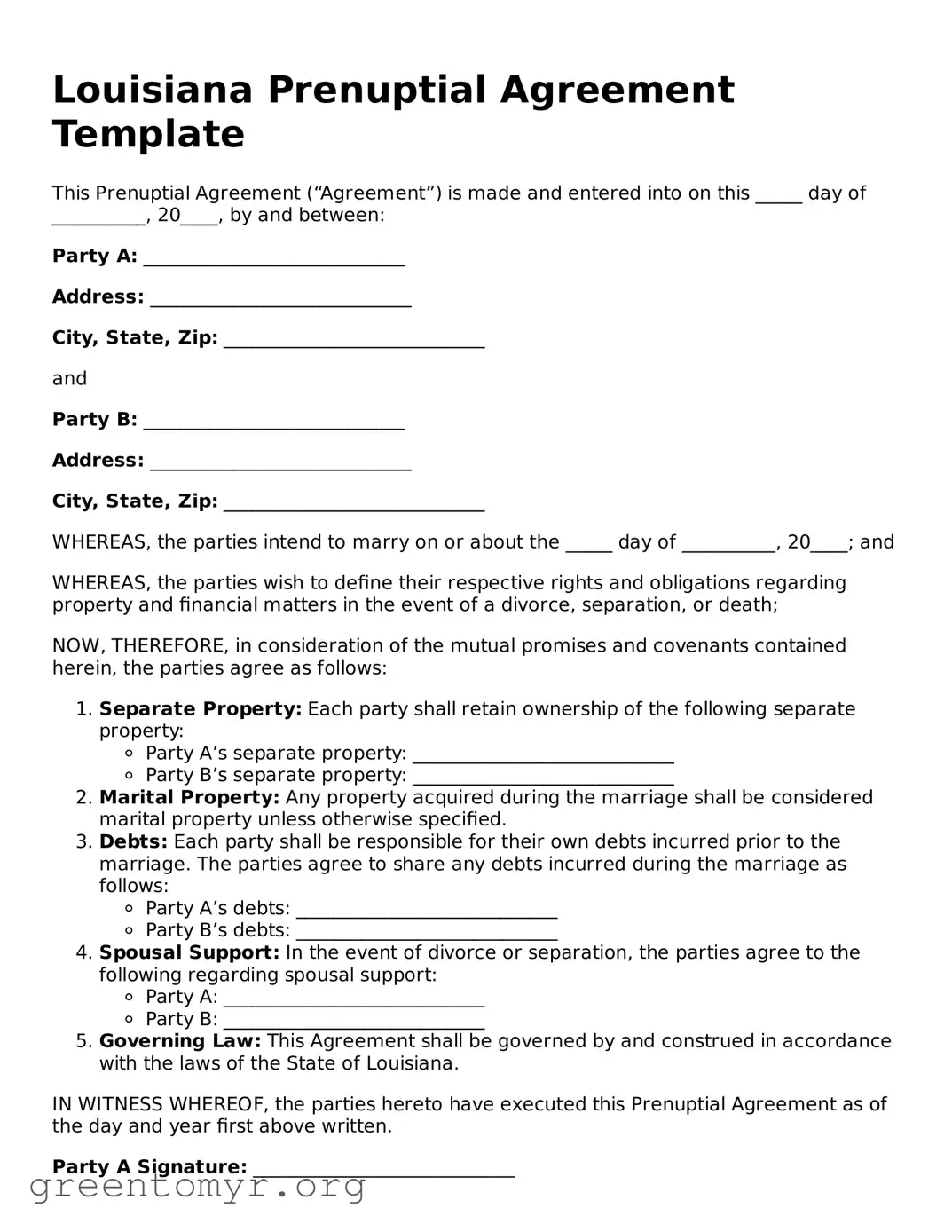 Prenuptial Agreement Form for the State of Louisiana