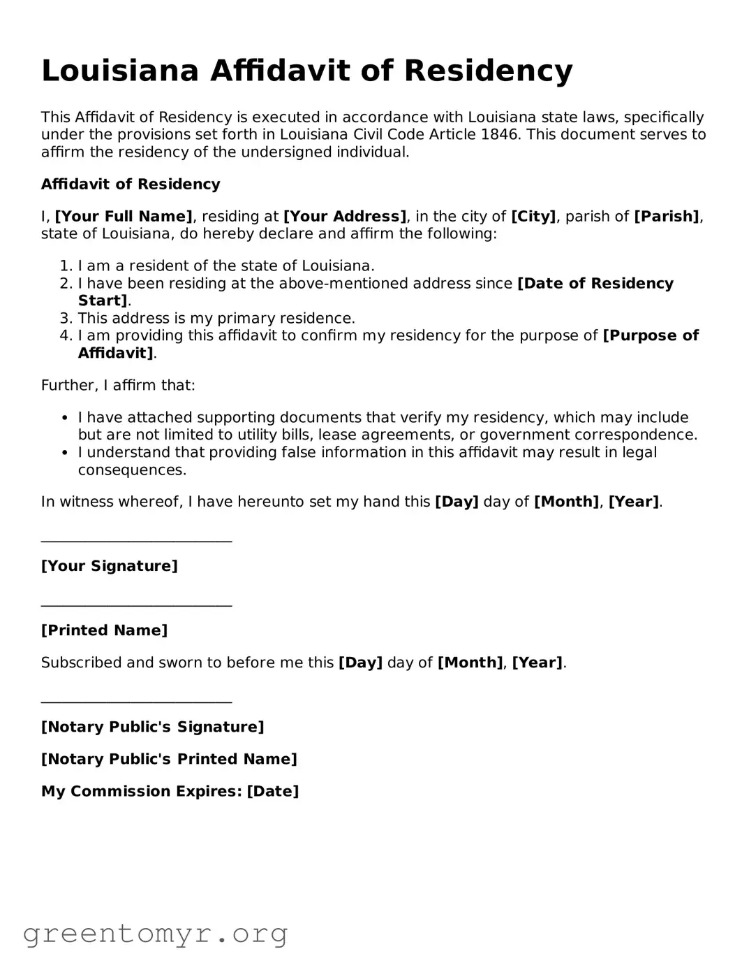 Affidavit of Residency Form for the State of Louisiana