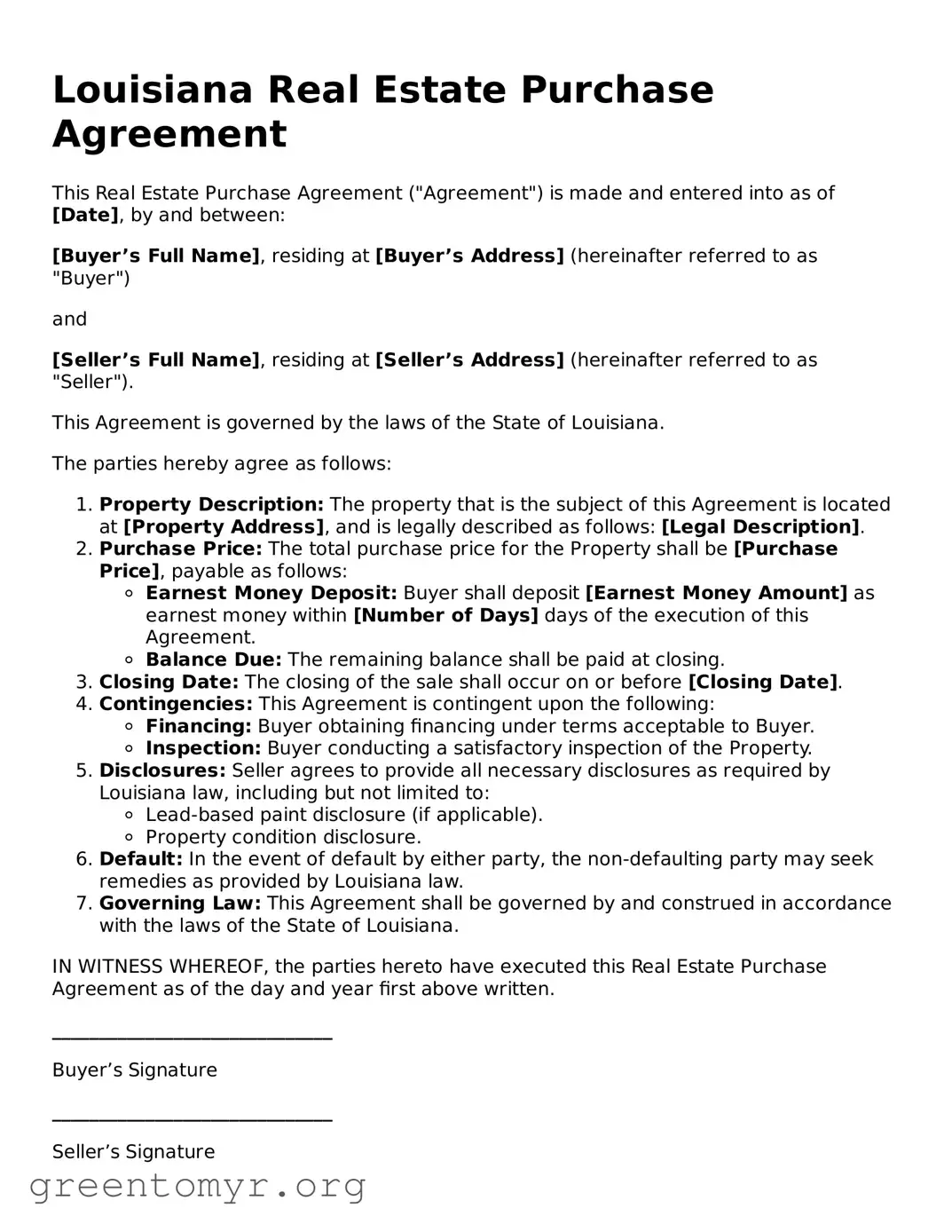 Real Estate Purchase Agreement Form for the State of Louisiana