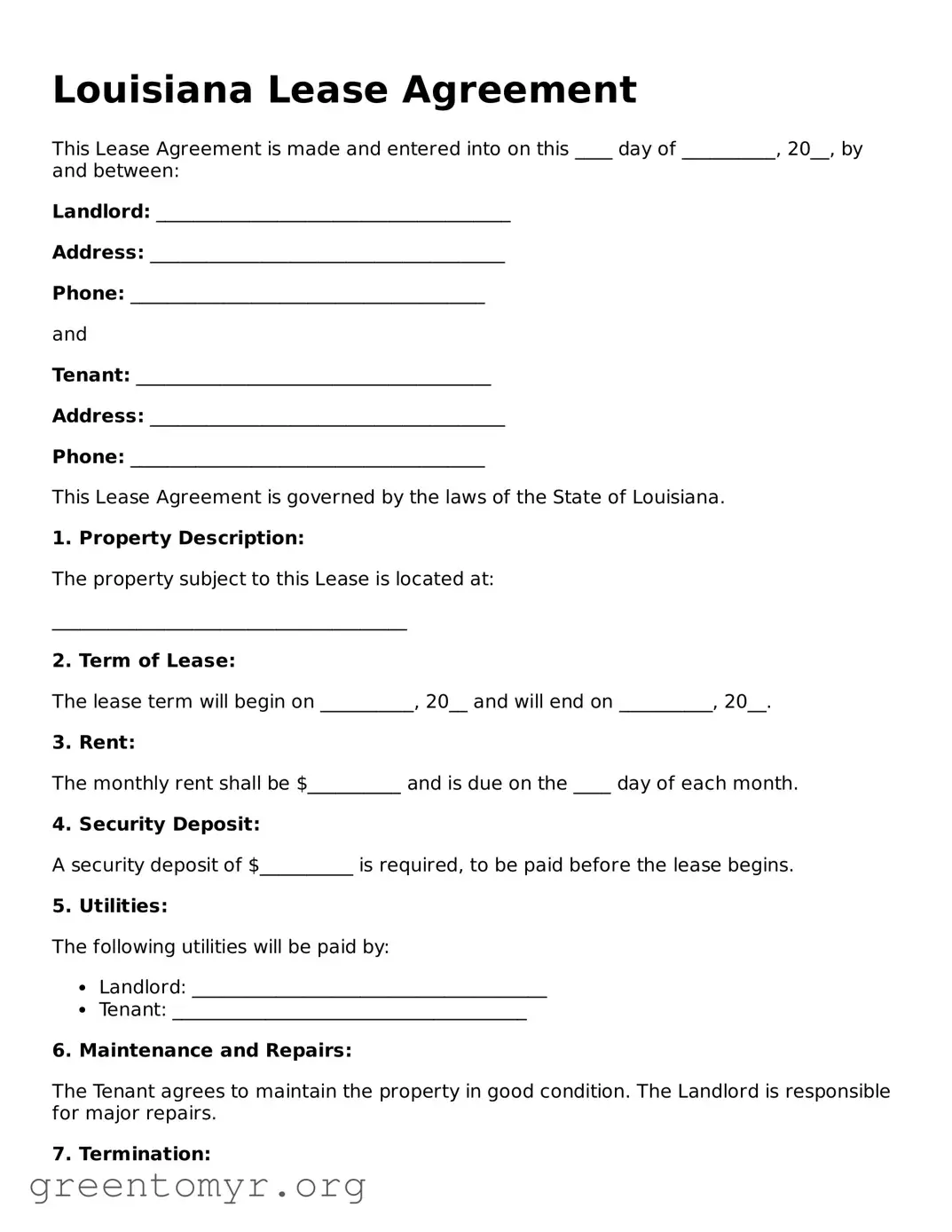 Lease Agreement Form for the State of Louisiana