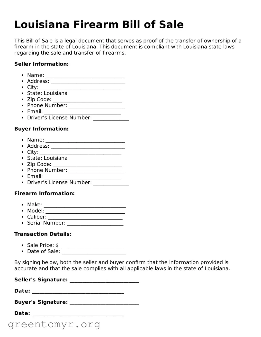 Firearm Bill of Sale Form for the State of Louisiana