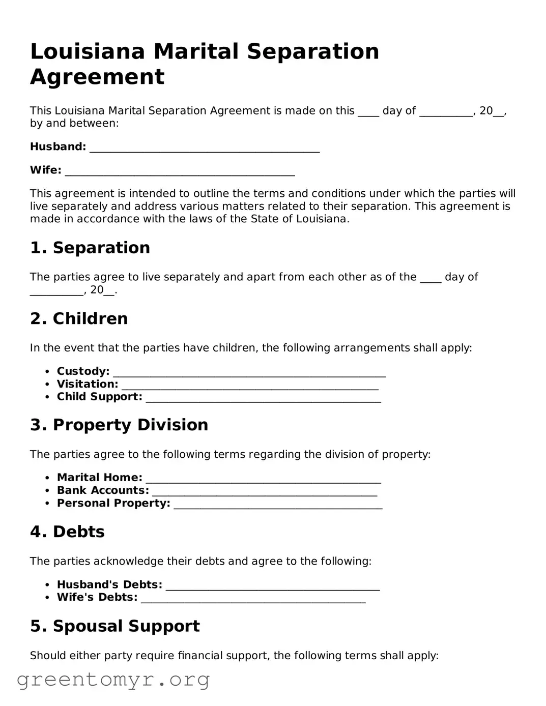 Marital Separation Agreement Form for the State of Louisiana
