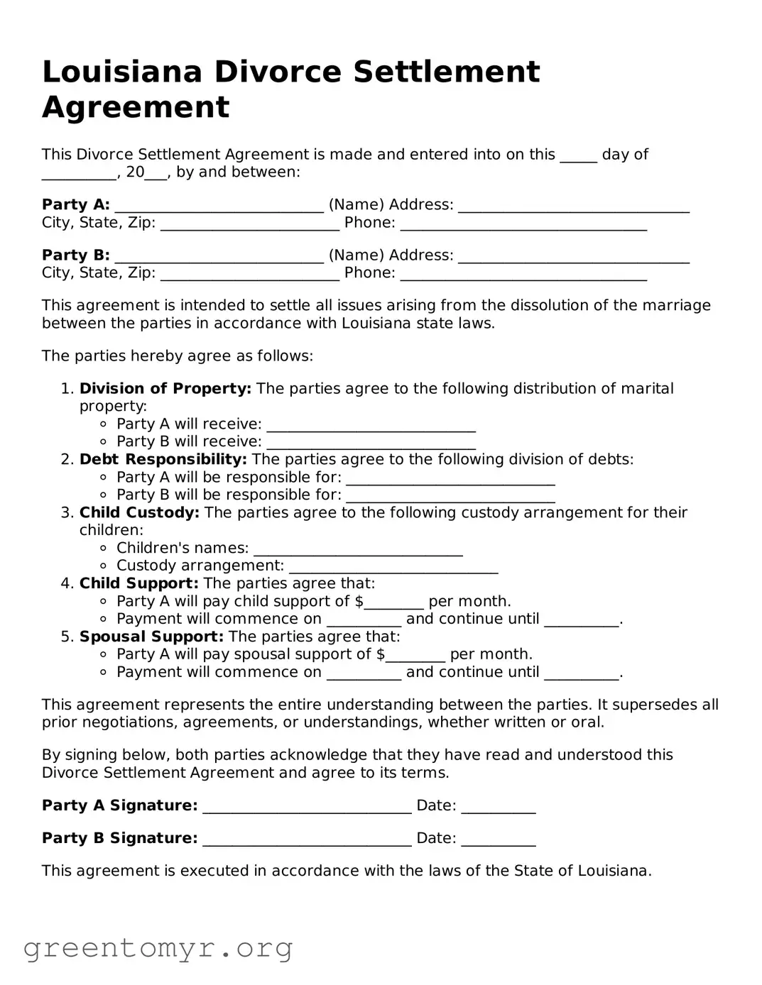 Divorce Settlement Agreement Form for the State of Louisiana