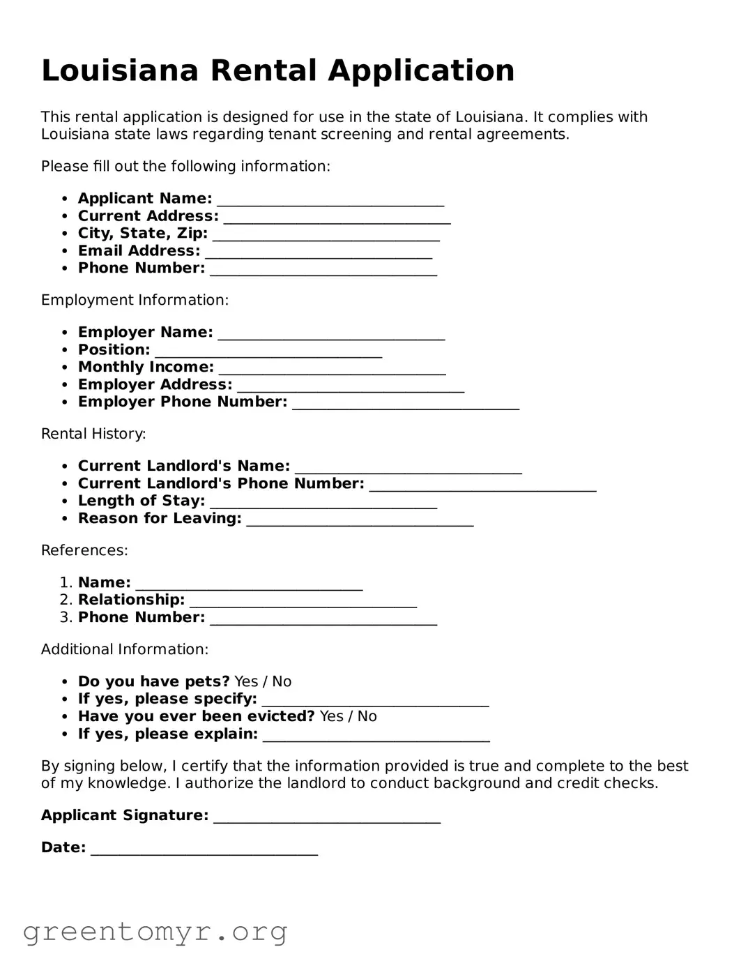 Rental Application Form for the State of Louisiana