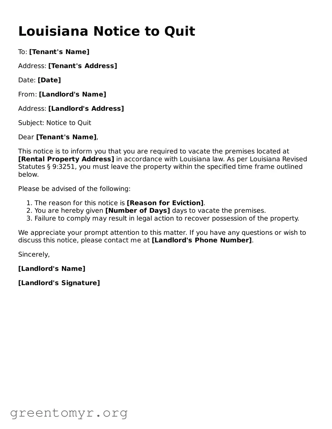 Notice to Quit Form for the State of Louisiana