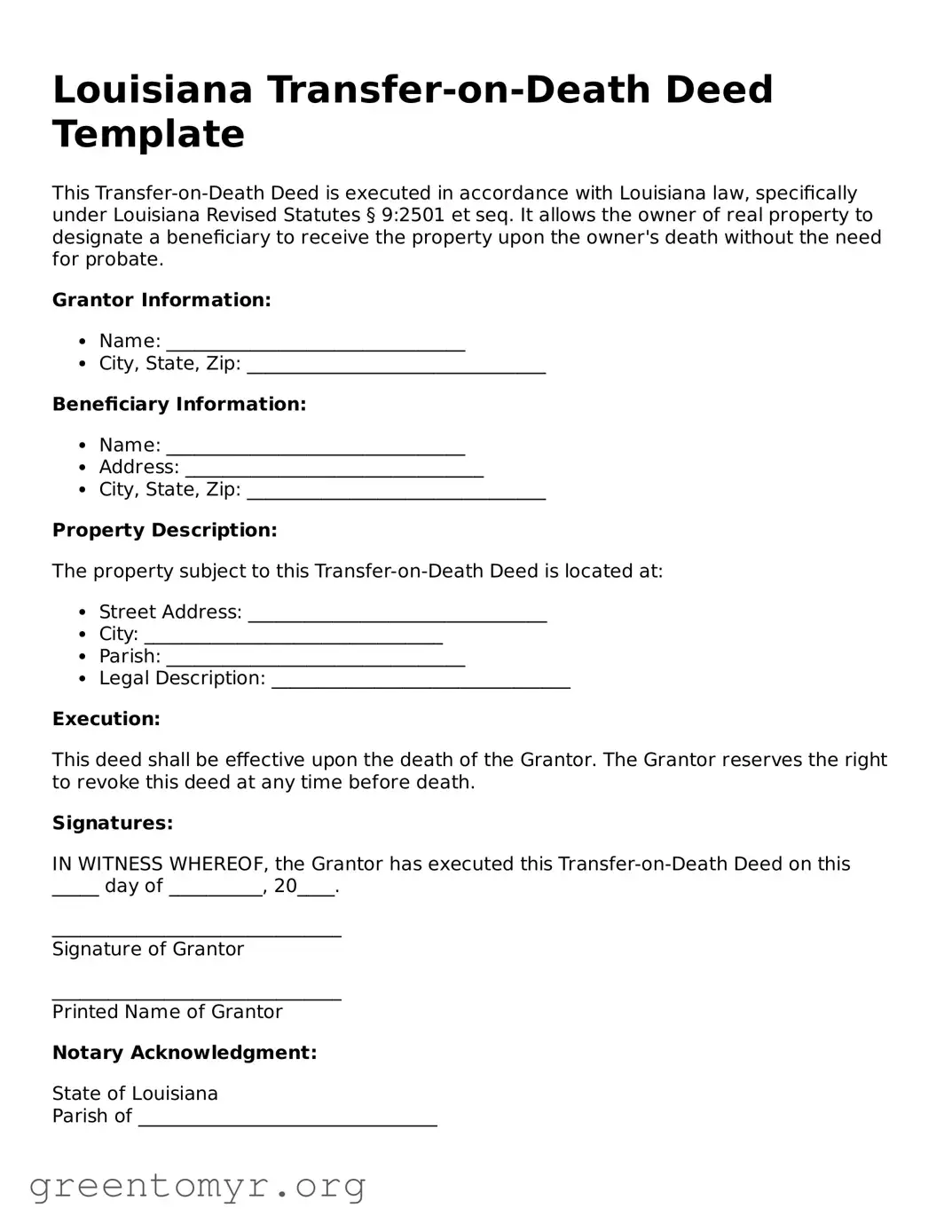Transfer-on-Death Deed Form for the State of Louisiana