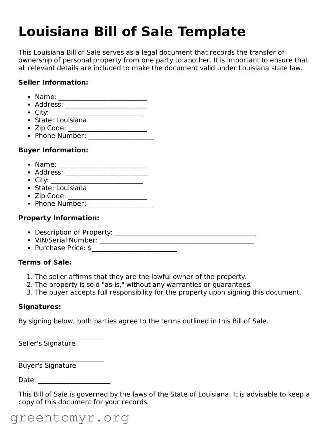 Bill of Sale Form for the State of Louisiana