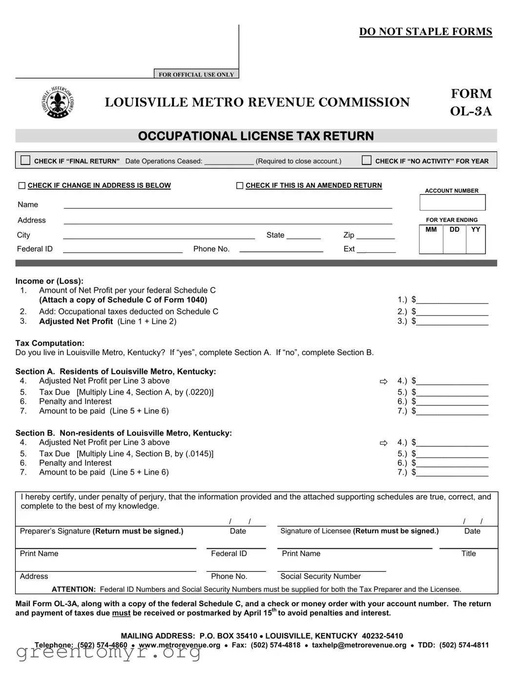 Fill in a Valid Louisville Metro Ol 3 Template