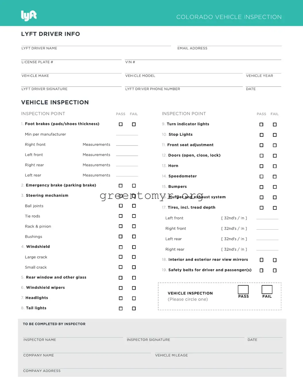 Fill in a Valid Lyft Inspection Template