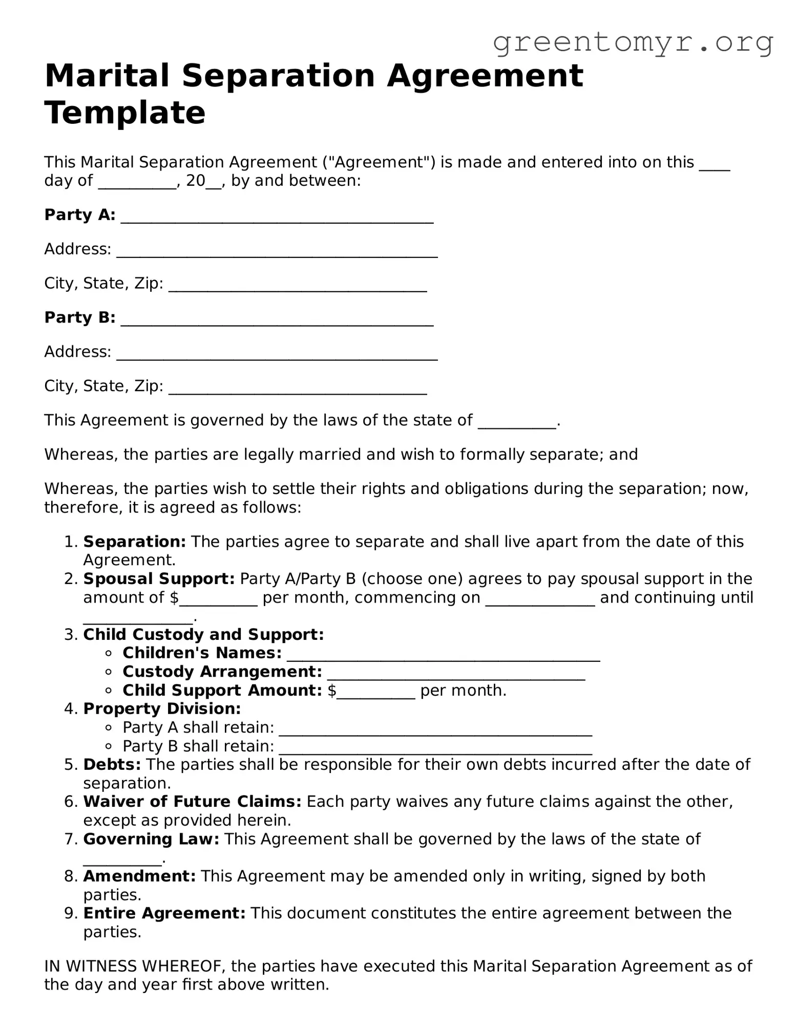 Valid Marital Separation Agreement Form