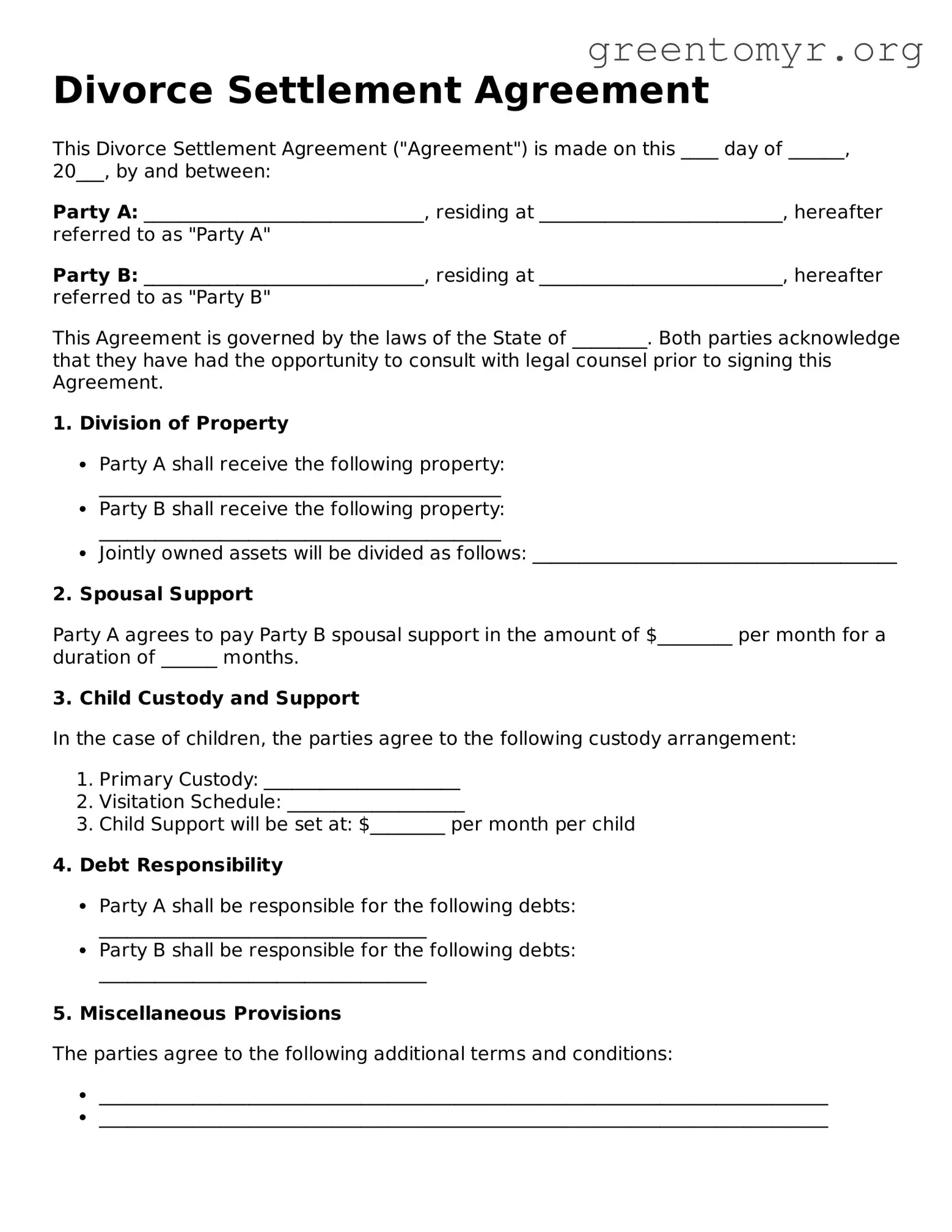 Valid Divorce Settlement Agreement Form