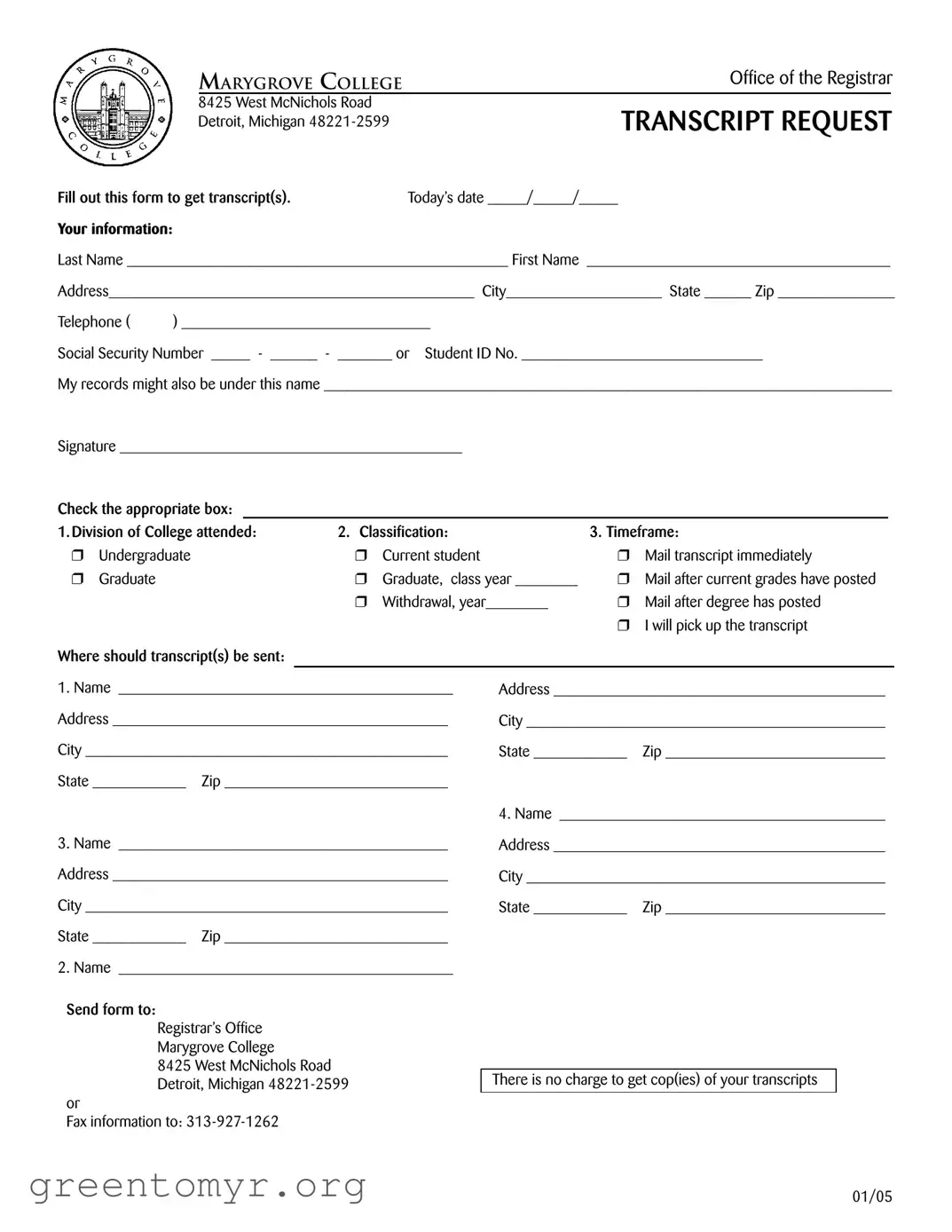 Fill in a Valid Marygrove Transcript Request Template