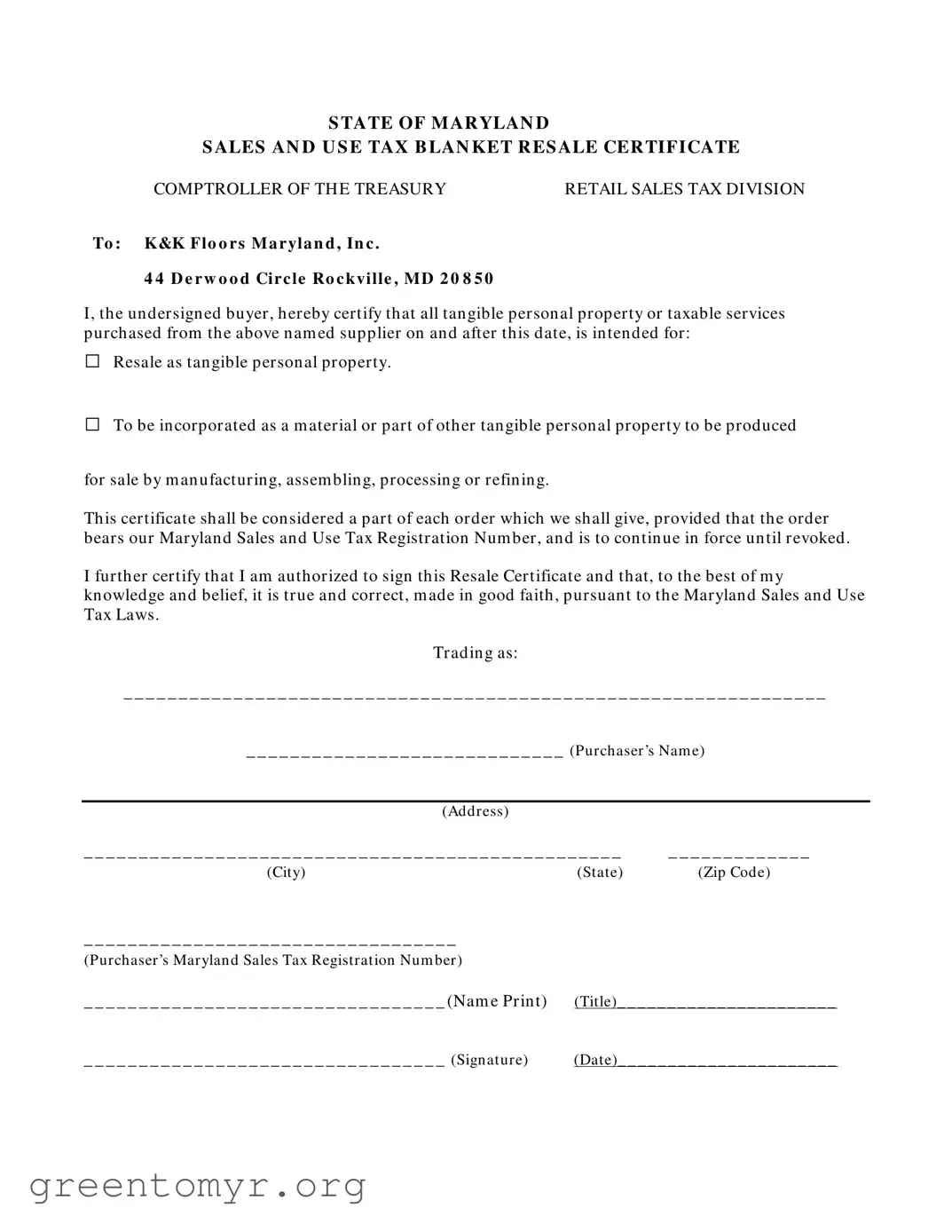 Fill in a Valid Maryland Sales And Use Tax Resale Certificate Template