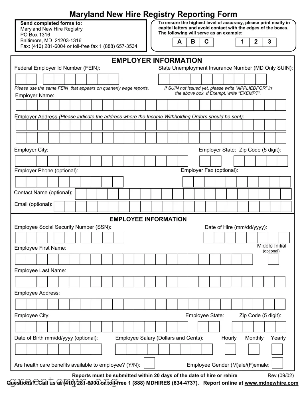 Fill in a Valid Maryland New Hire Template