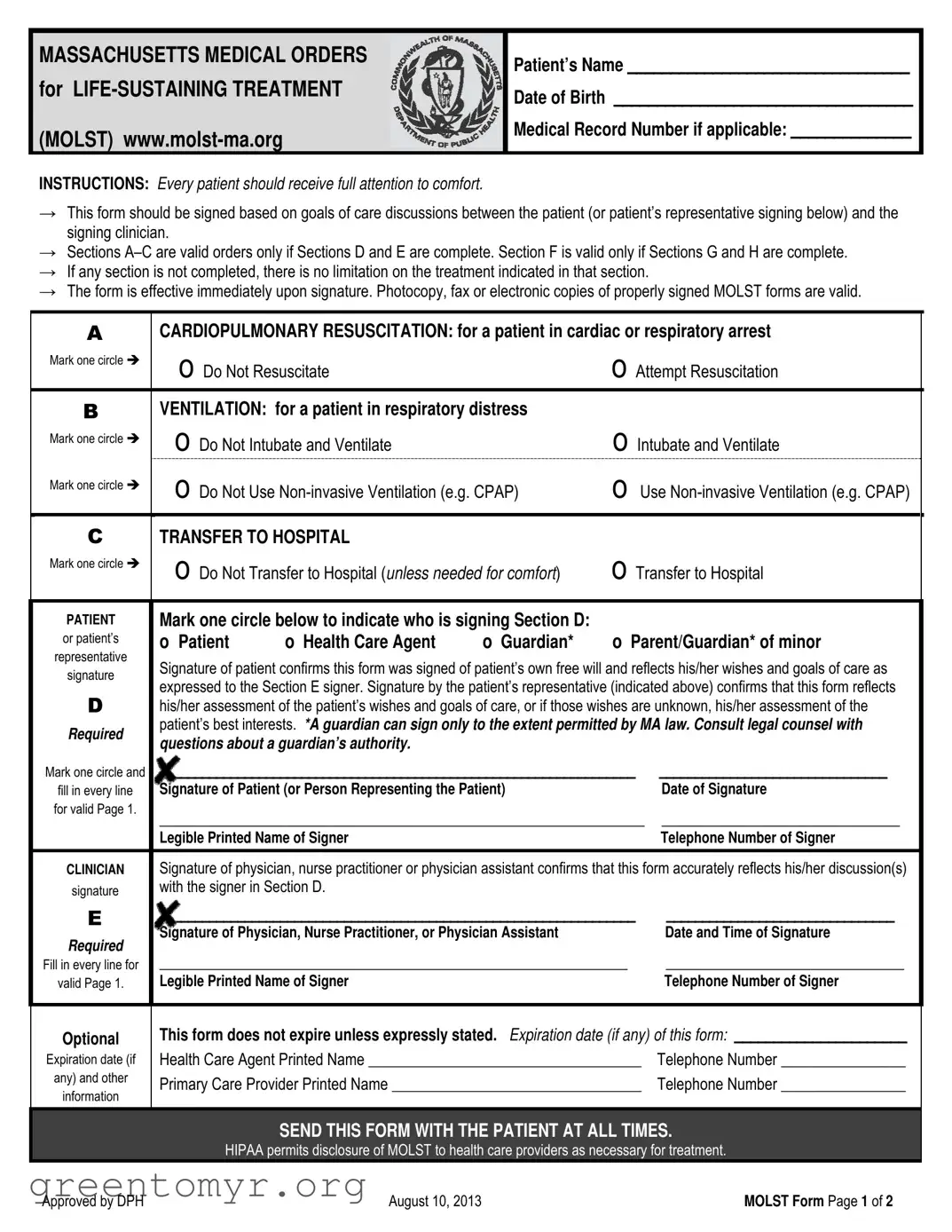Fill in a Valid Massachusetts Molst Template