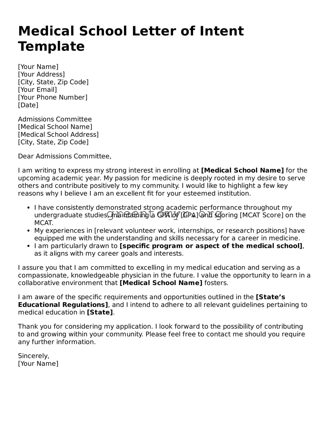 Valid Medical School Letter of Intent Form