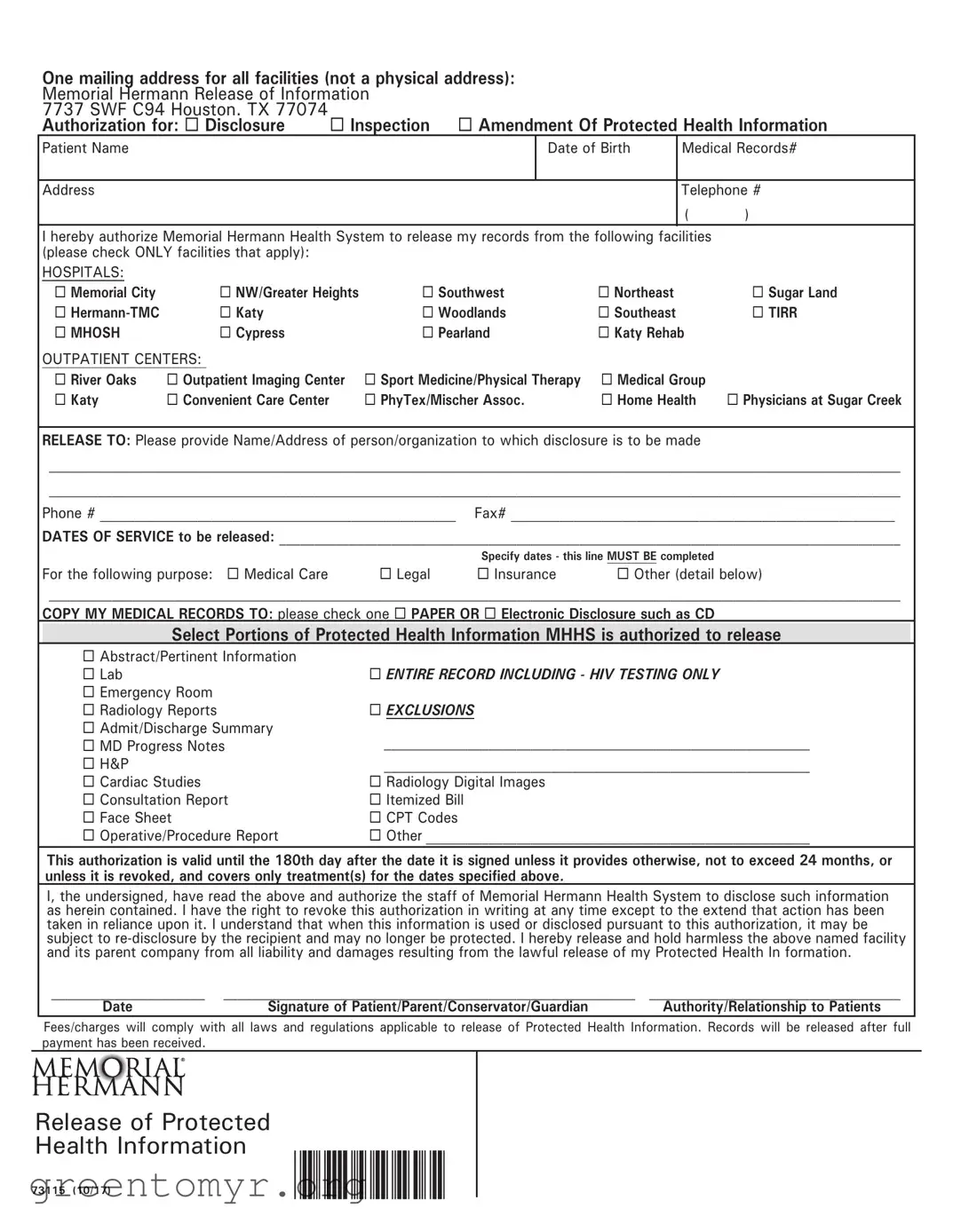 Fill in a Valid Memorial Hermann Release Template