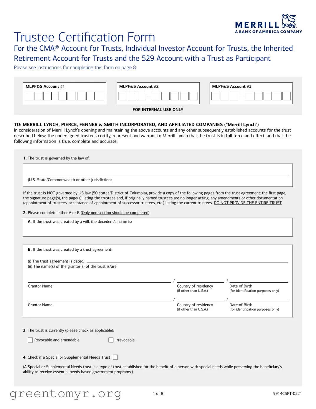 Fill in a Valid Merrill Lynch Trustee Certification Template
