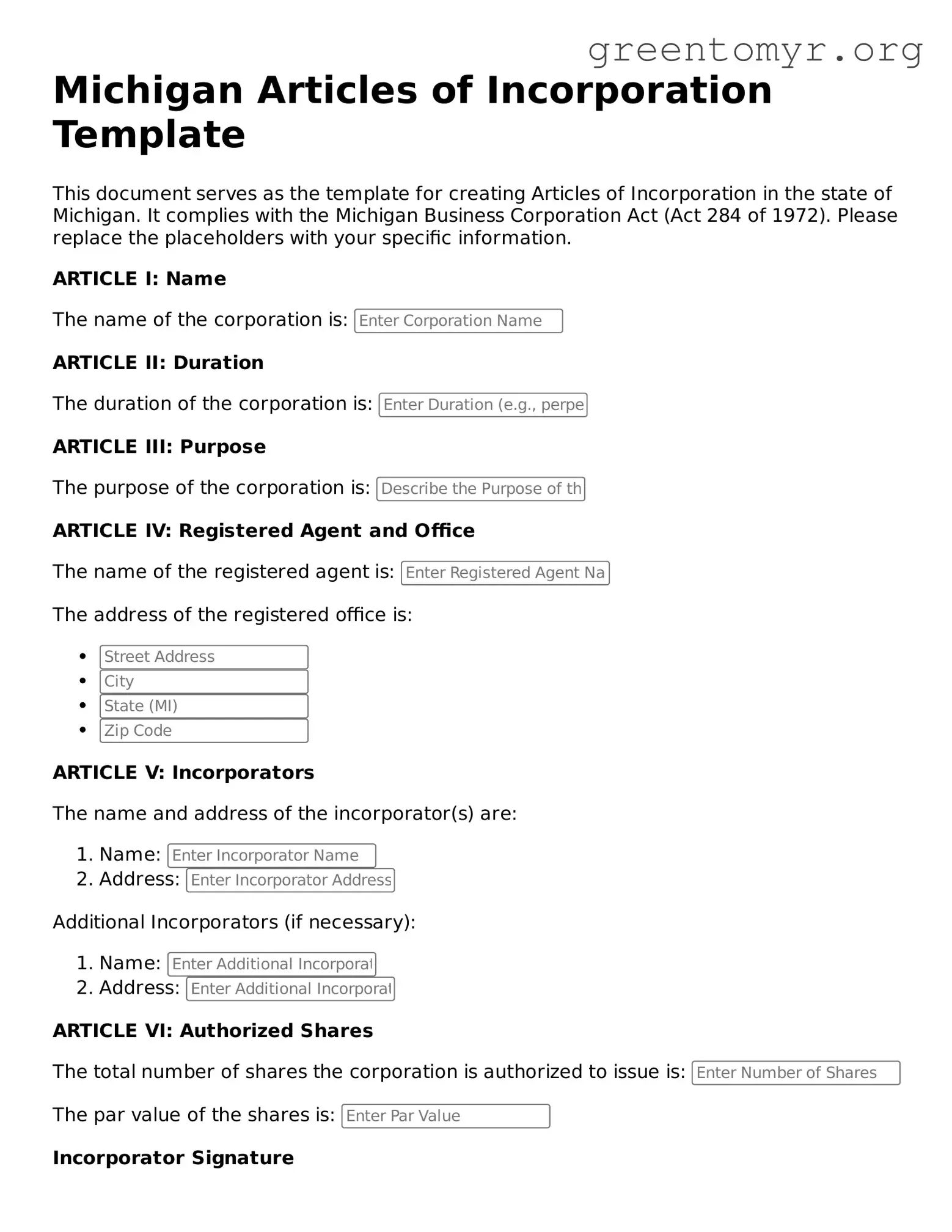 Articles of Incorporation Form for the State of Michigan