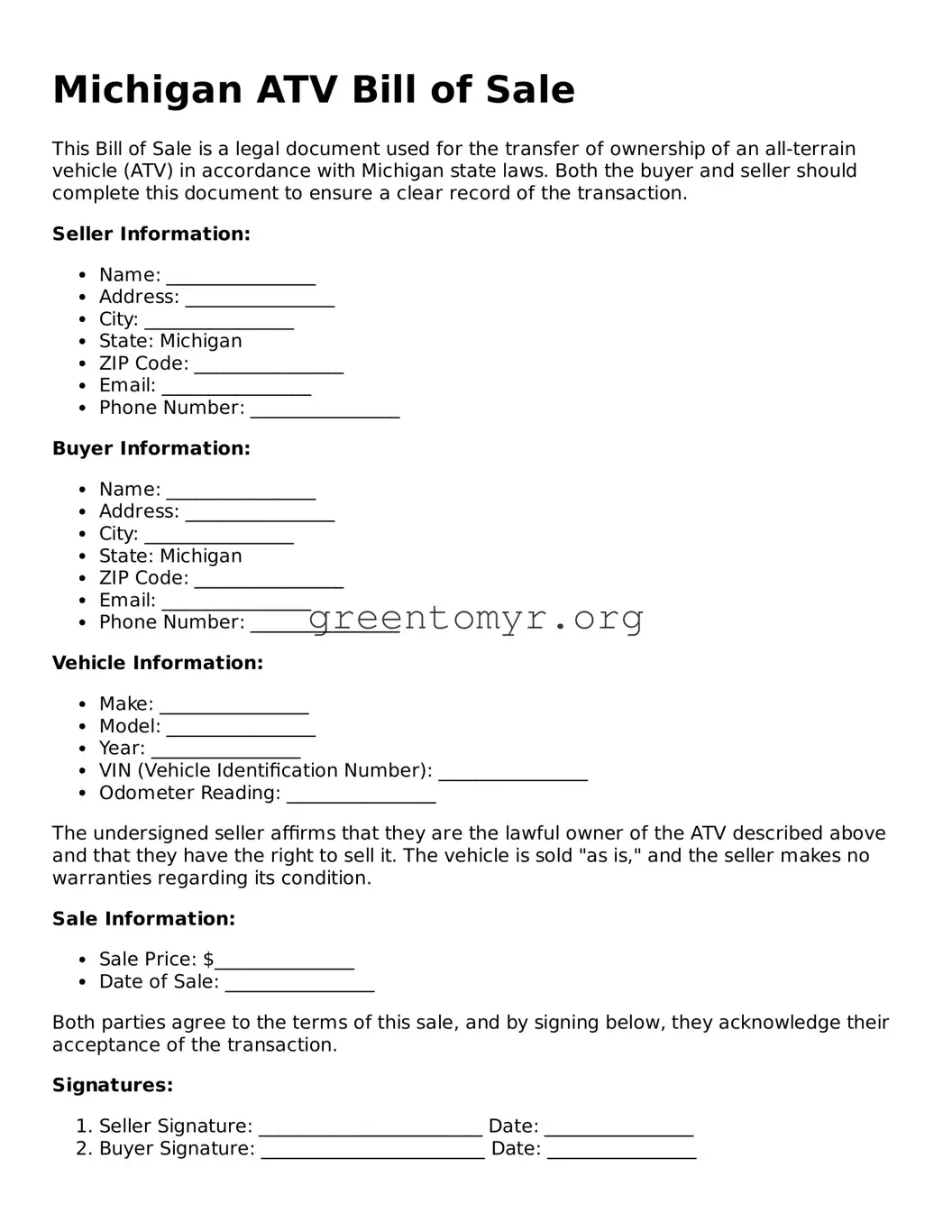 ATV Bill of Sale Form for the State of Michigan