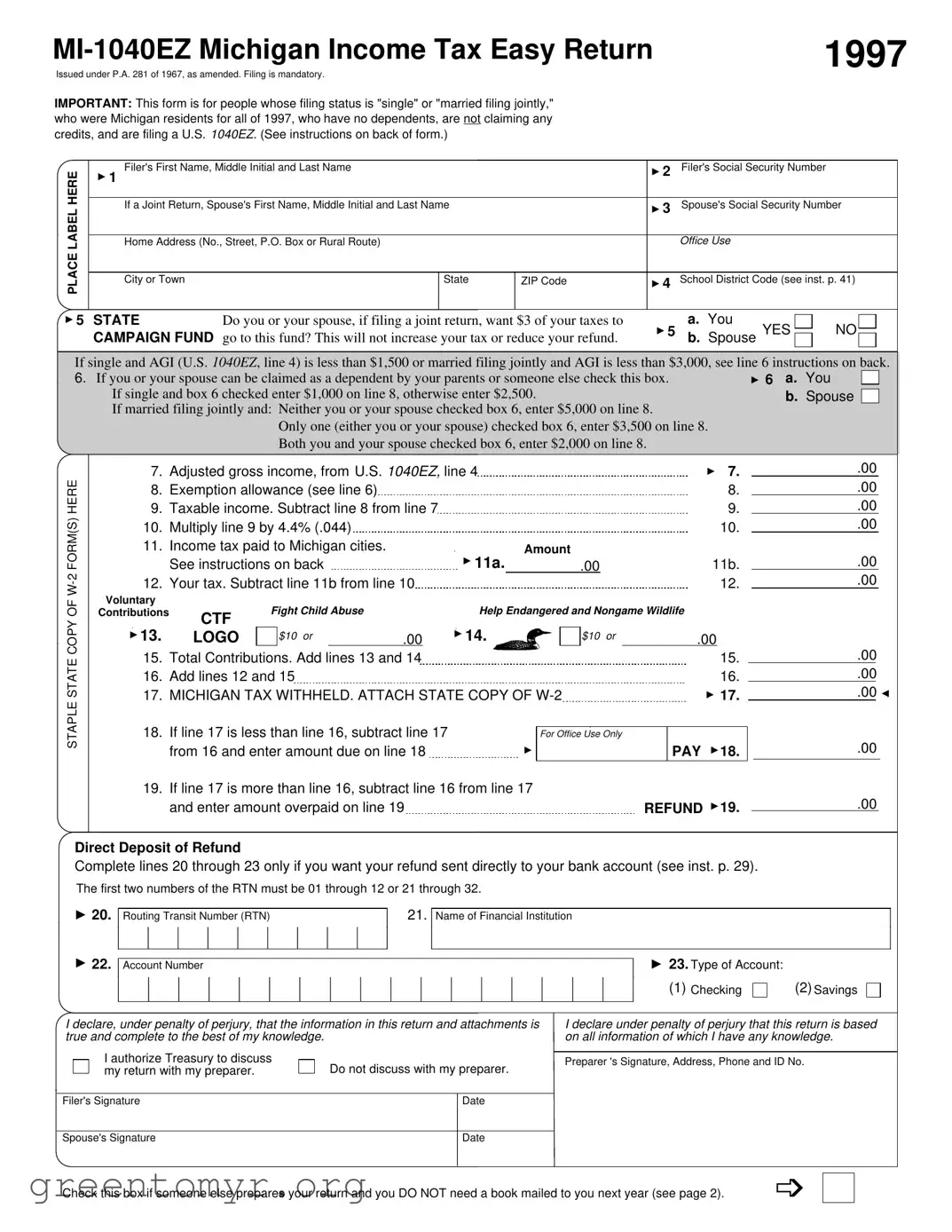 Fill in a Valid Mi 1040Ez Template