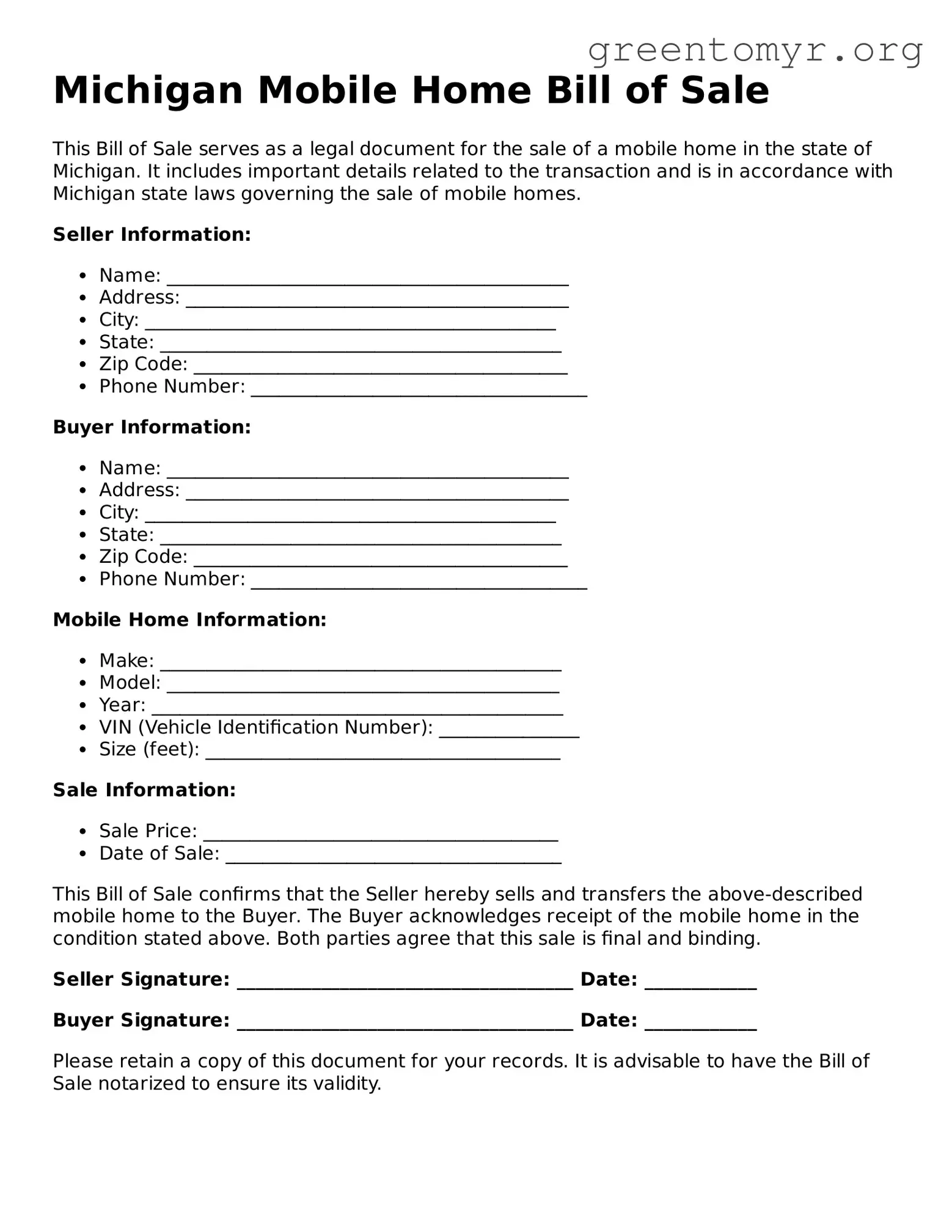 Mobile Home Bill of Sale Form for the State of Michigan