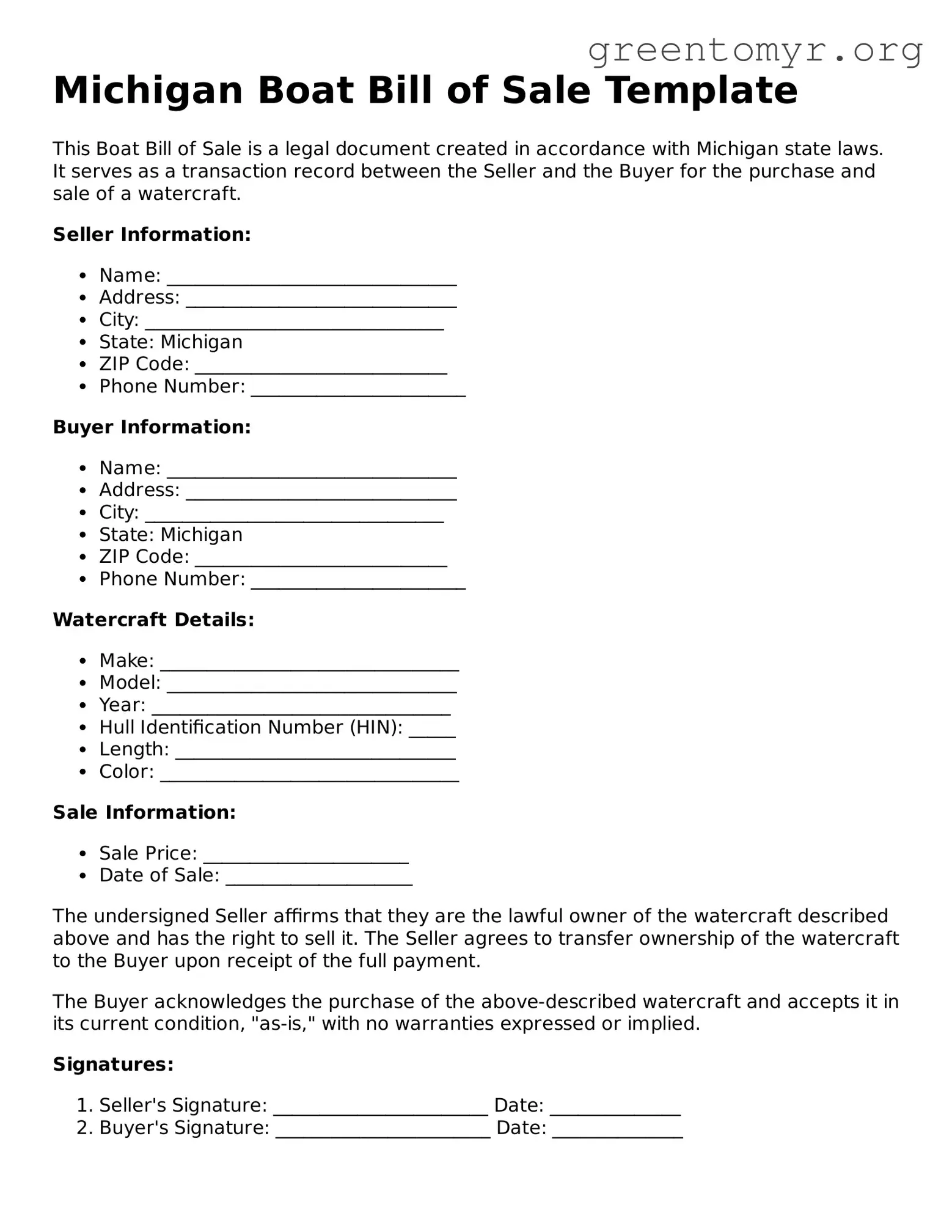 Boat Bill of Sale Form for the State of Michigan