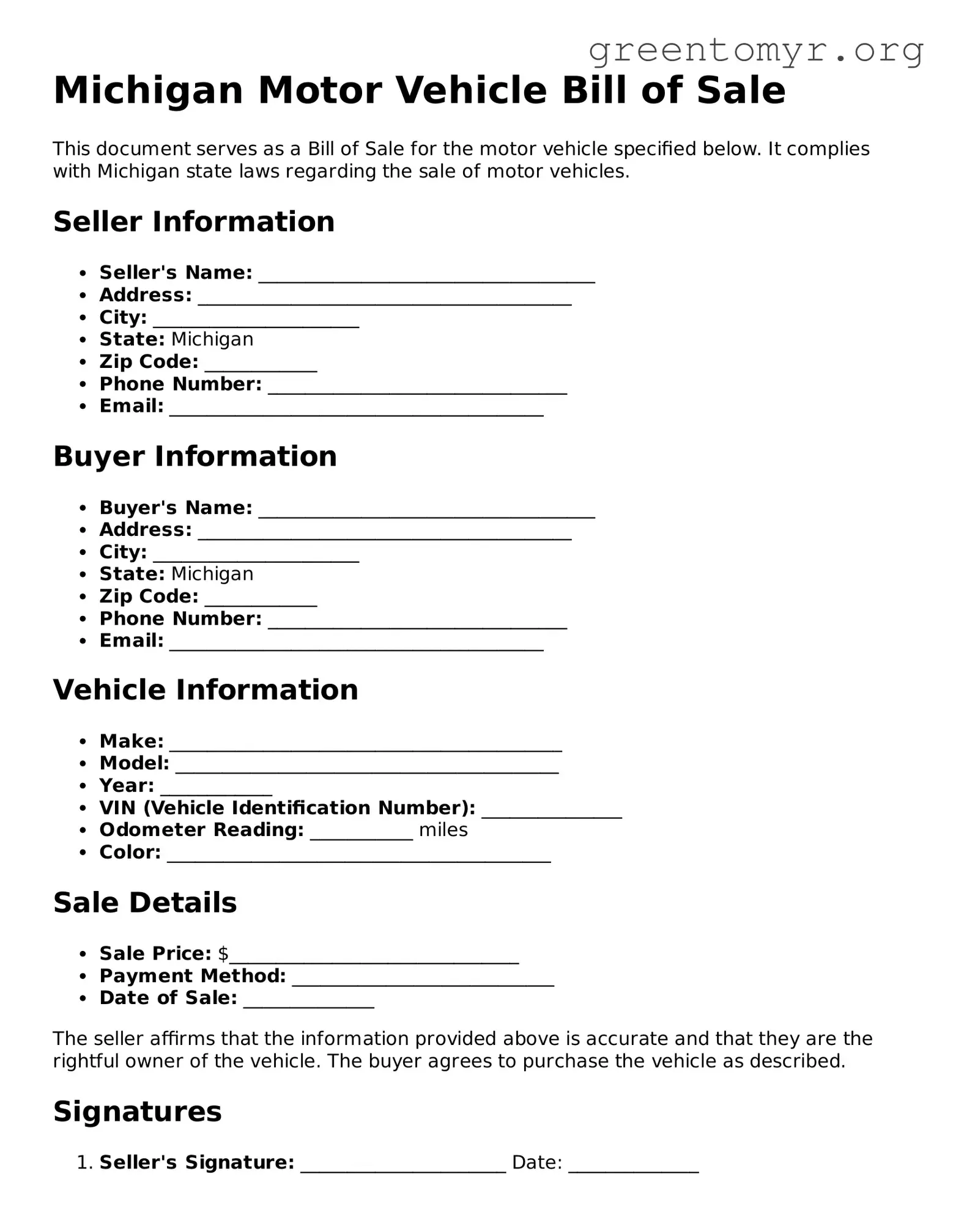 Motor Vehicle Bill of Sale Form for the State of Michigan