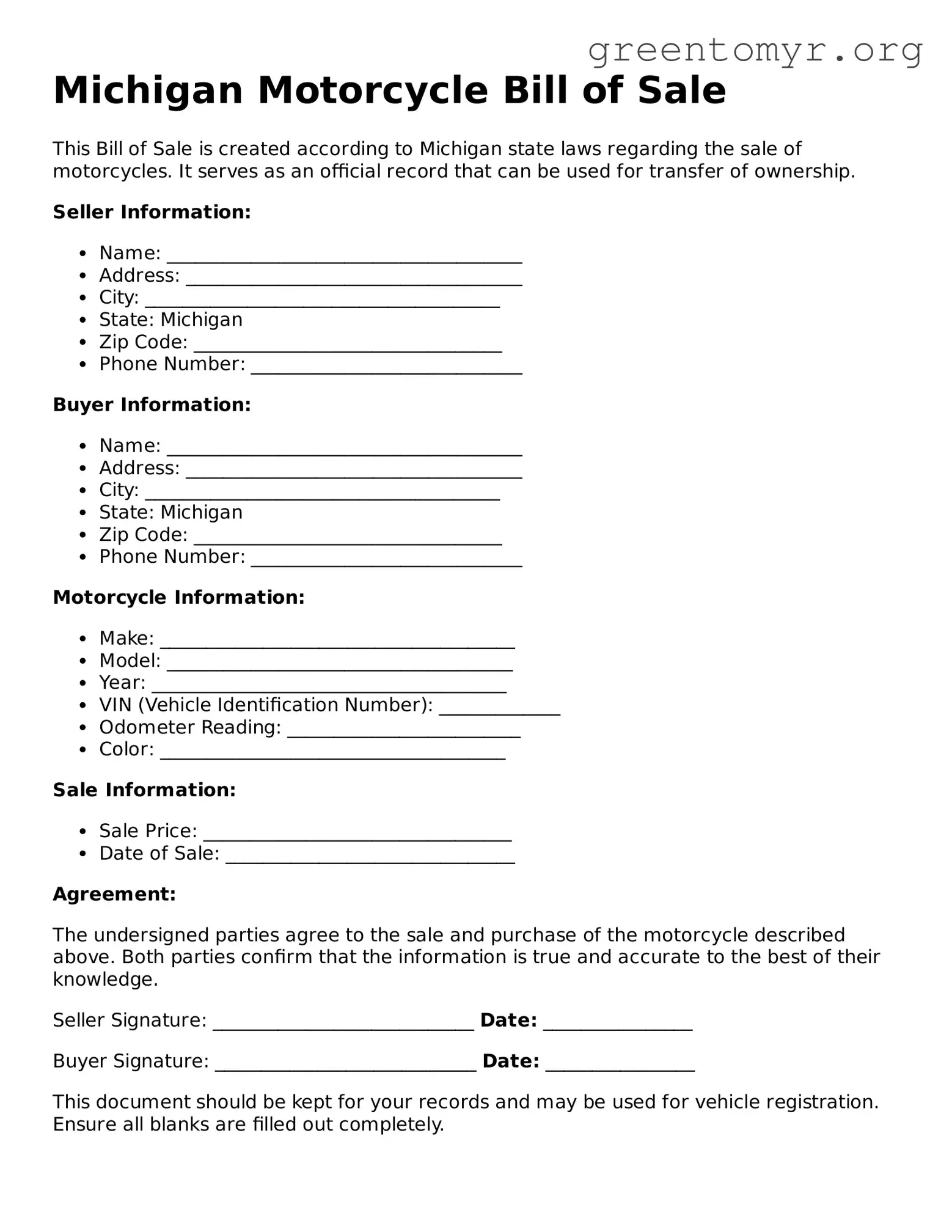 Motorcycle Bill of Sale Form for the State of Michigan