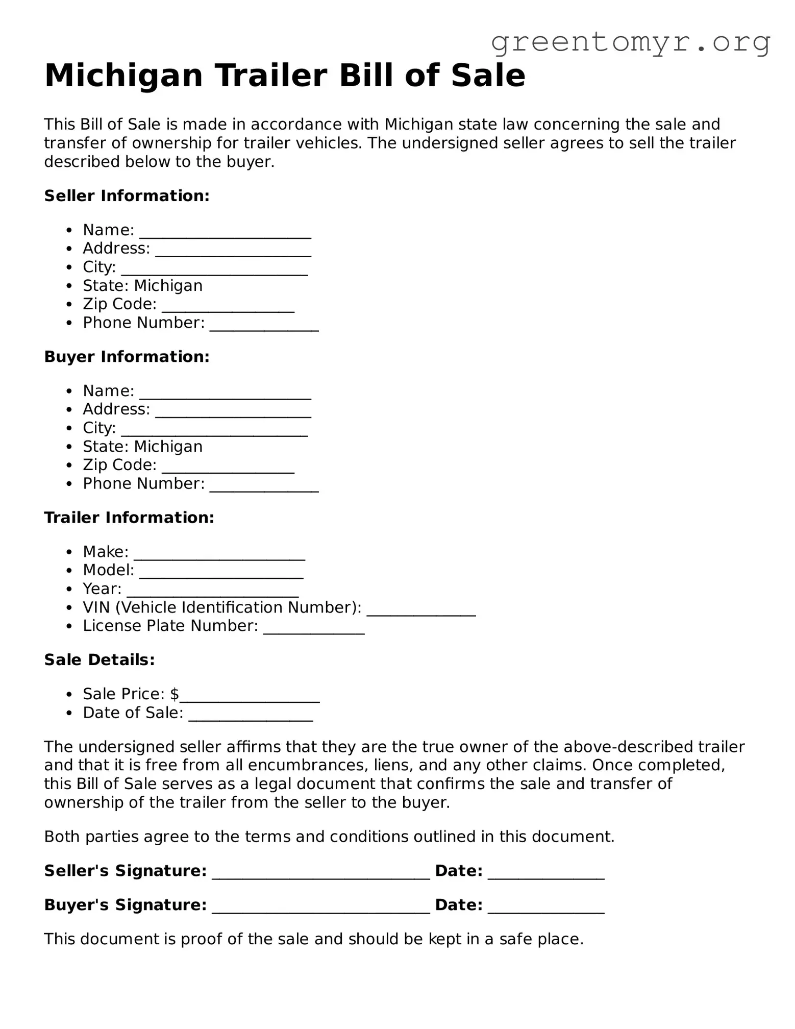 Trailer Bill of Sale Form for the State of Michigan
