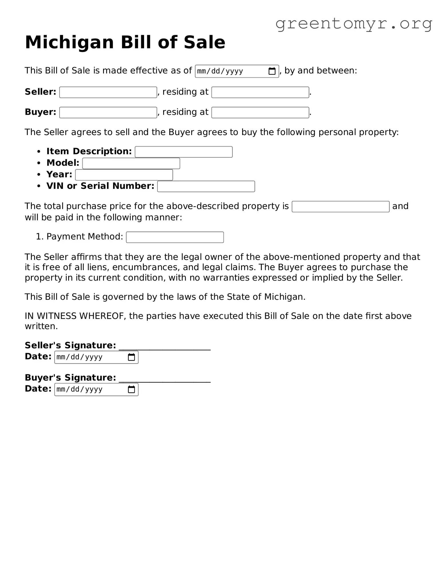Bill of Sale Form for the State of Michigan