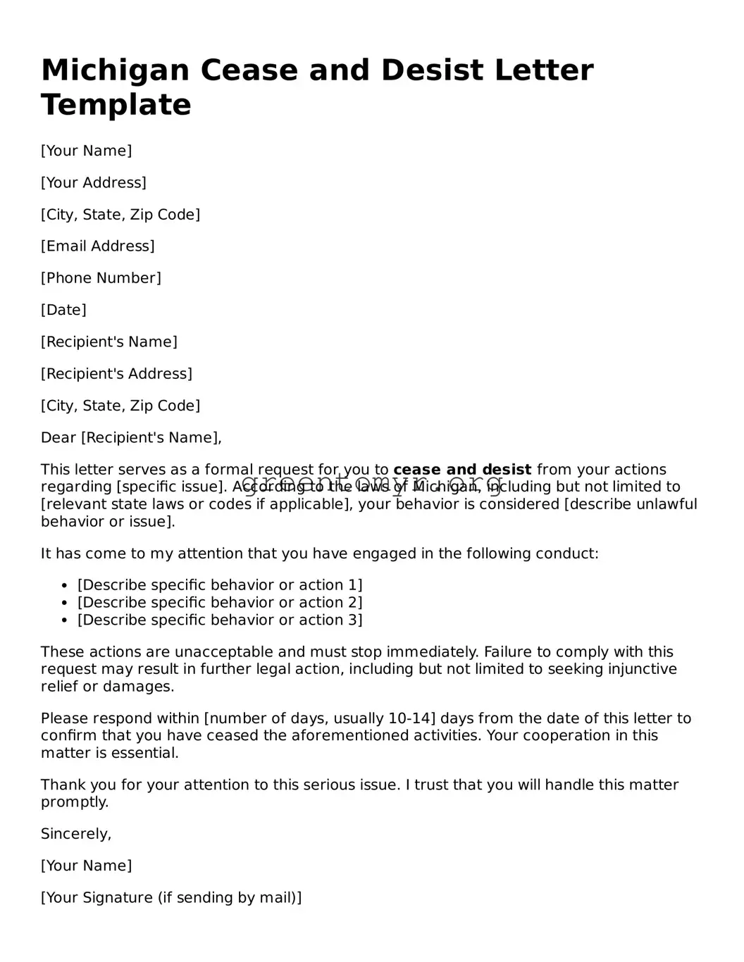 Cease and Desist Letter Form for the State of Michigan