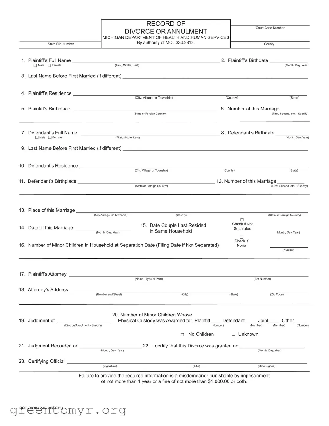 Fill in a Valid Michigan Dch 0838 Template