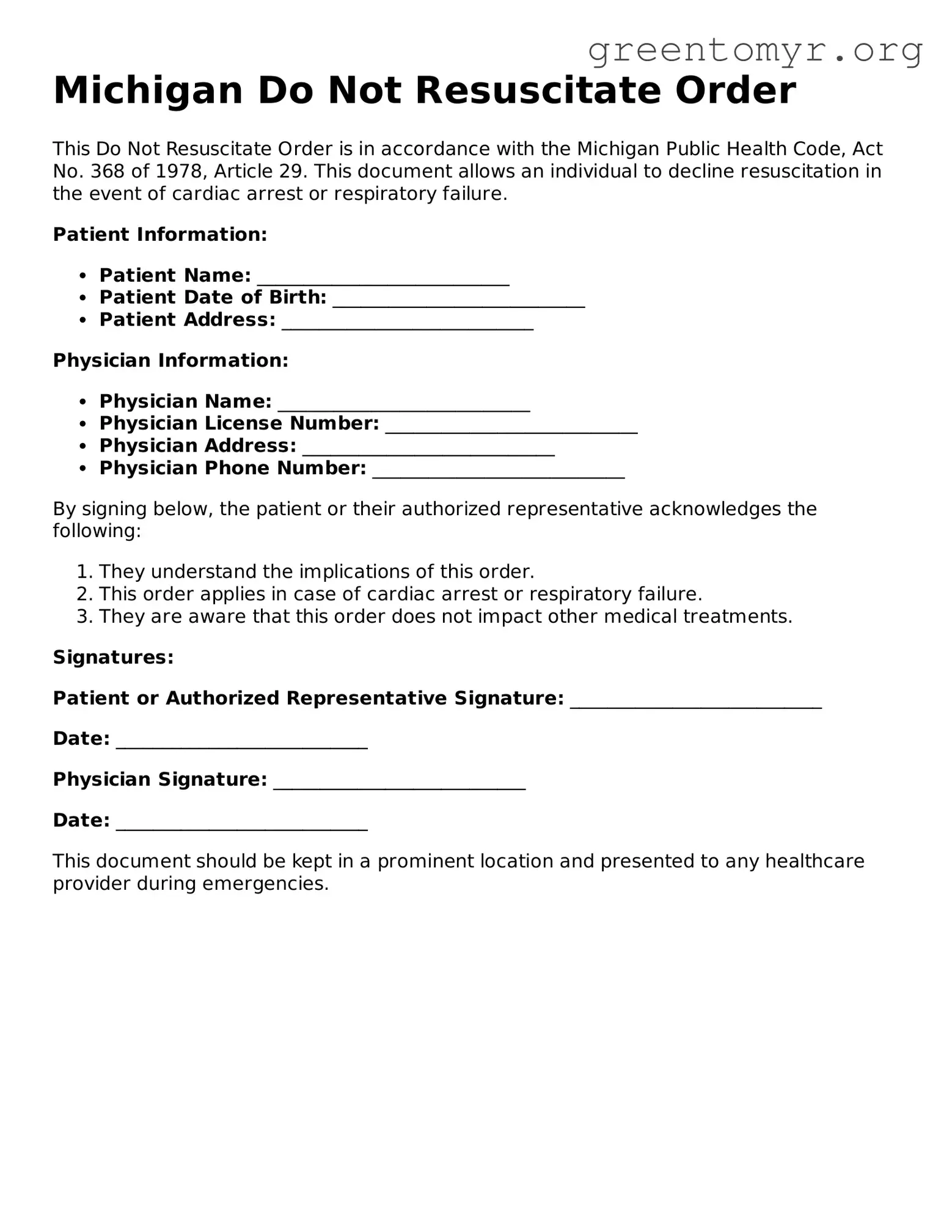 Do Not Resuscitate Order Form for the State of Michigan